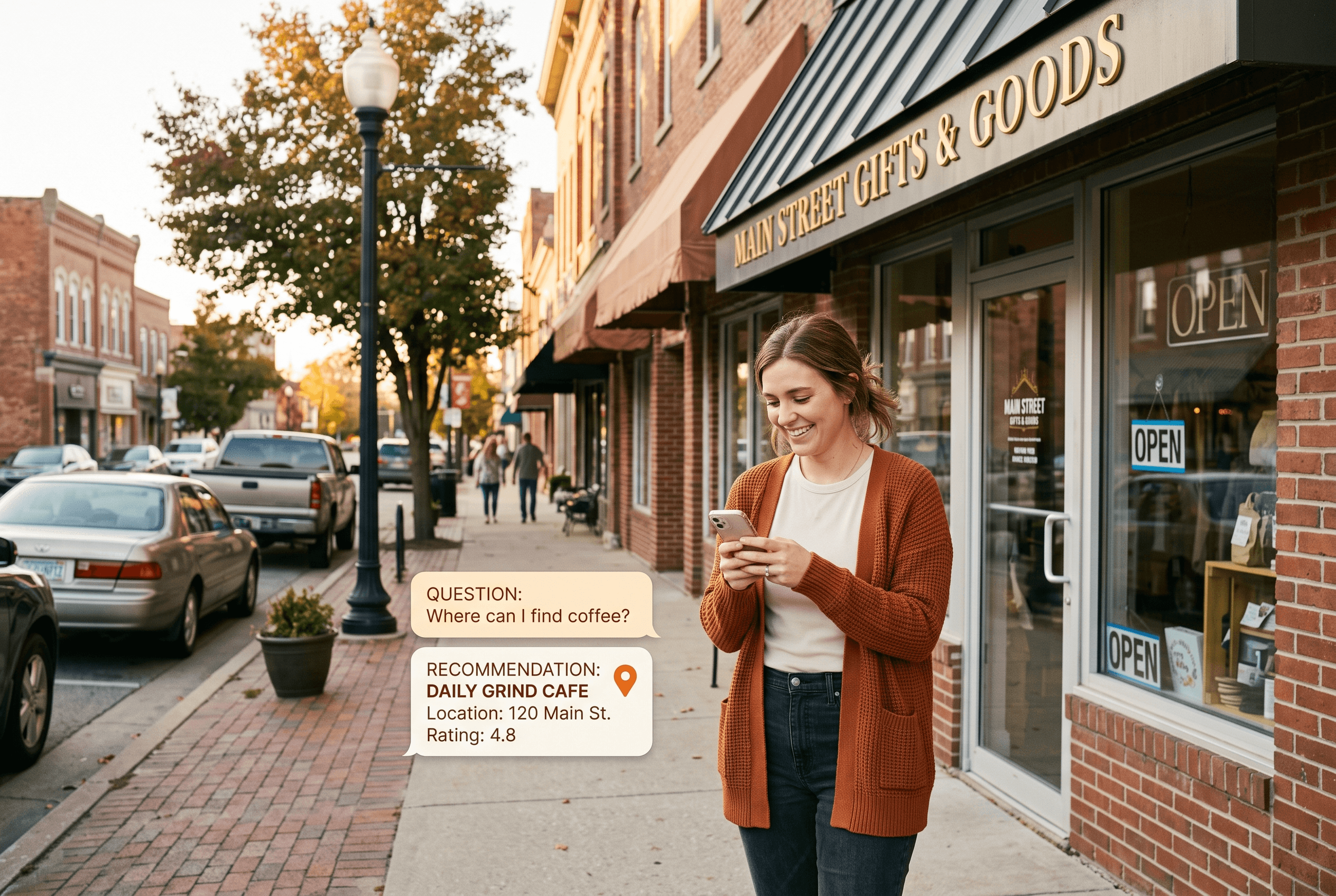 A customer on a Fort Wayne sidewalk holding a phone showing a conversational AI local search result with a business recommendation and map pin