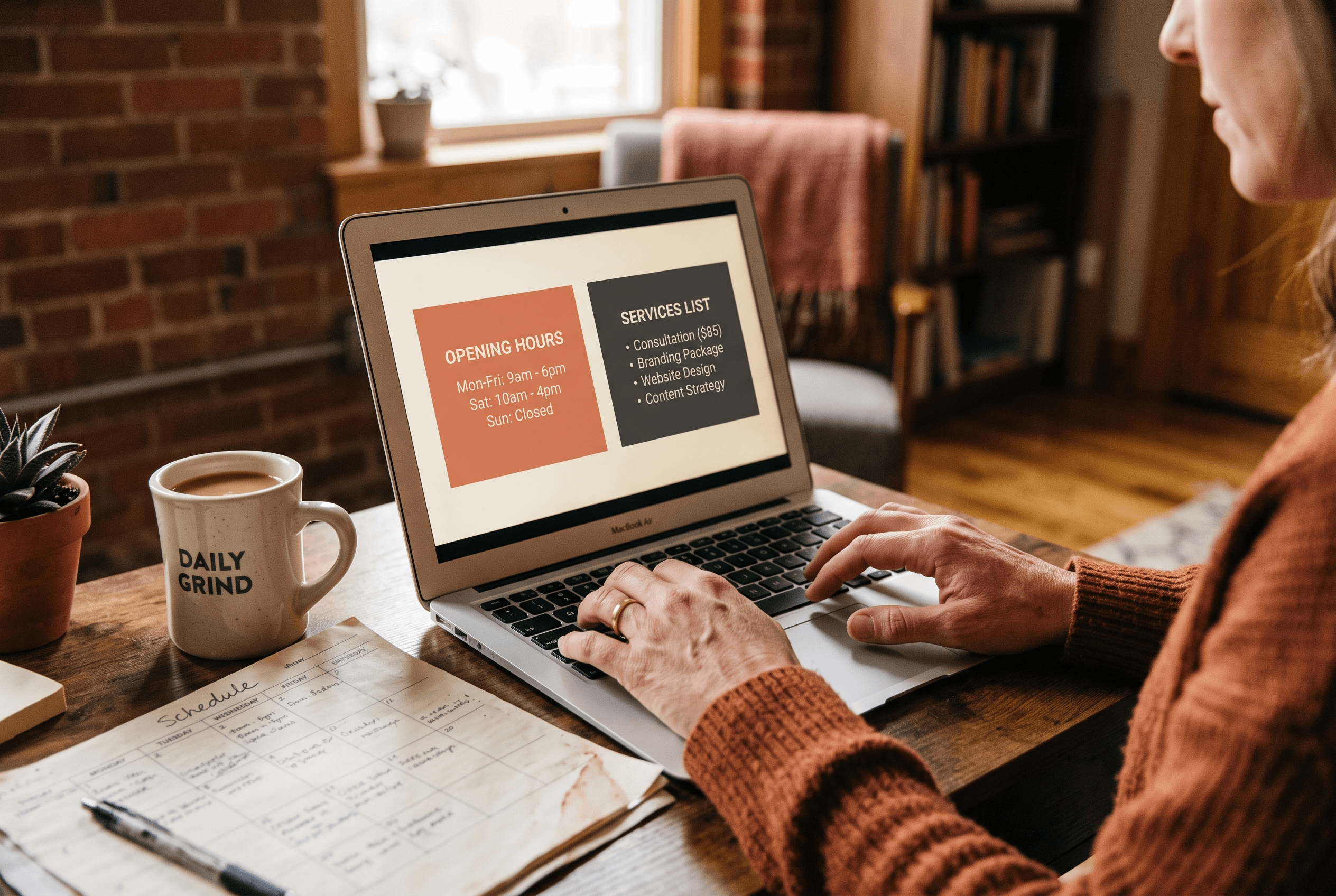 Close view of a business owner’s hands at a laptop reconciling business hours and service details across a listing and a website