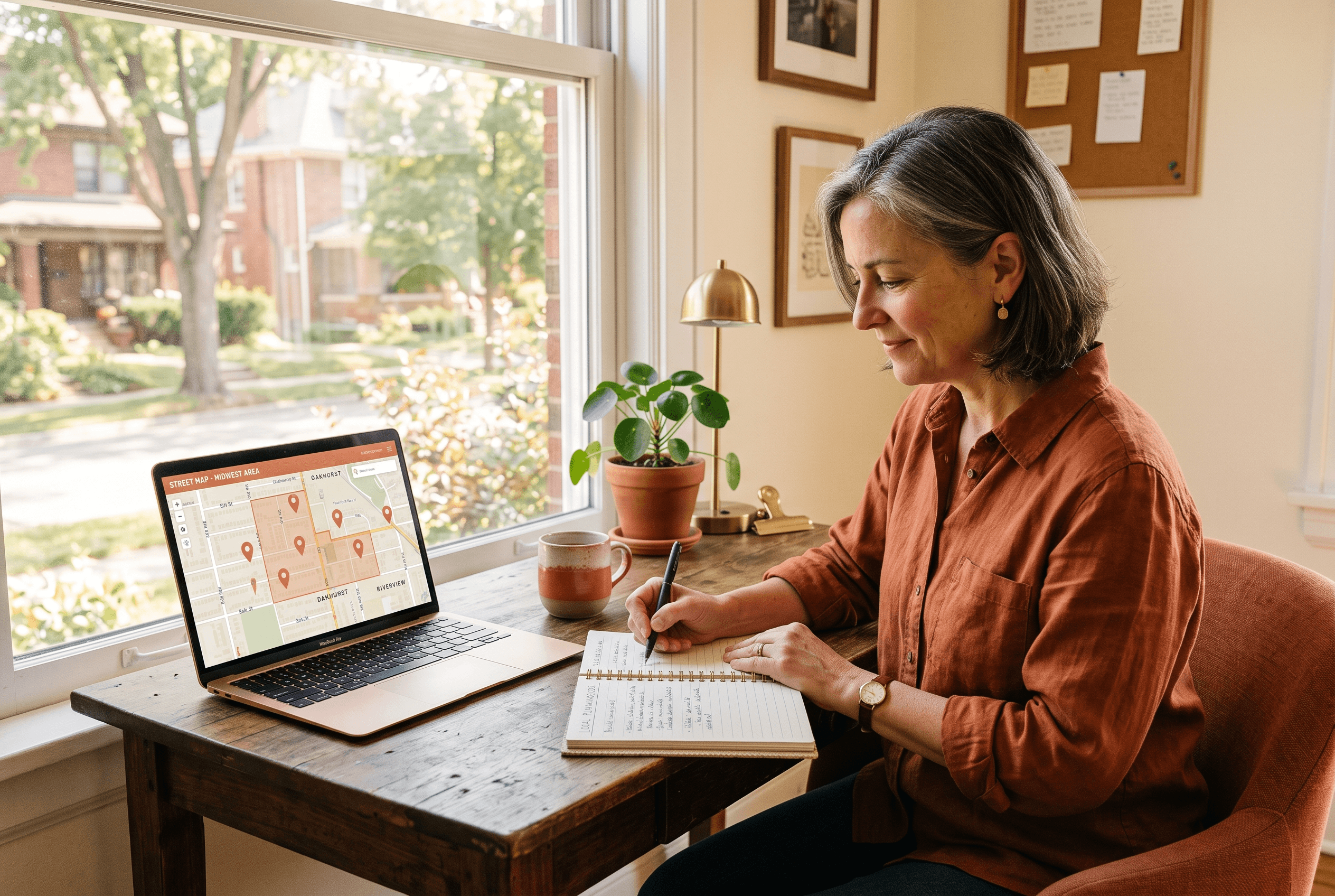 A Fort Wayne shop owner writing local service-area details at a desk with a laptop showing a neighborhood map of Allen County
