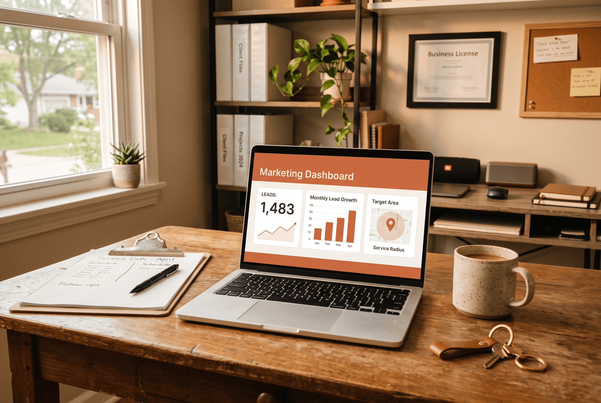 Laptop on a workshop desk showing a Google Ads style dashboard with local lead metrics in warm-toned interface