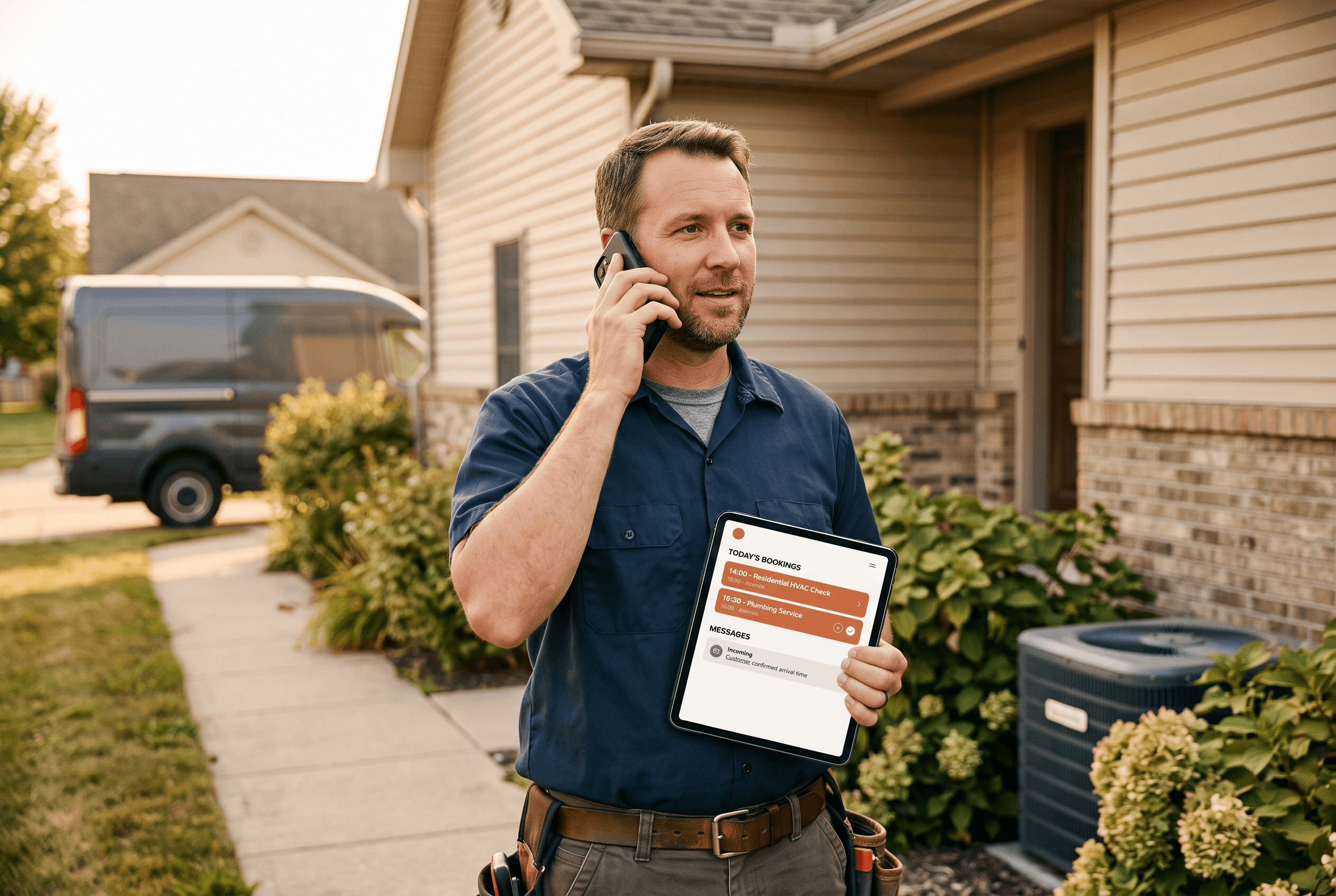 HVAC technician taking a customer call on a phone at a job site while holding a tablet with a bookings screen