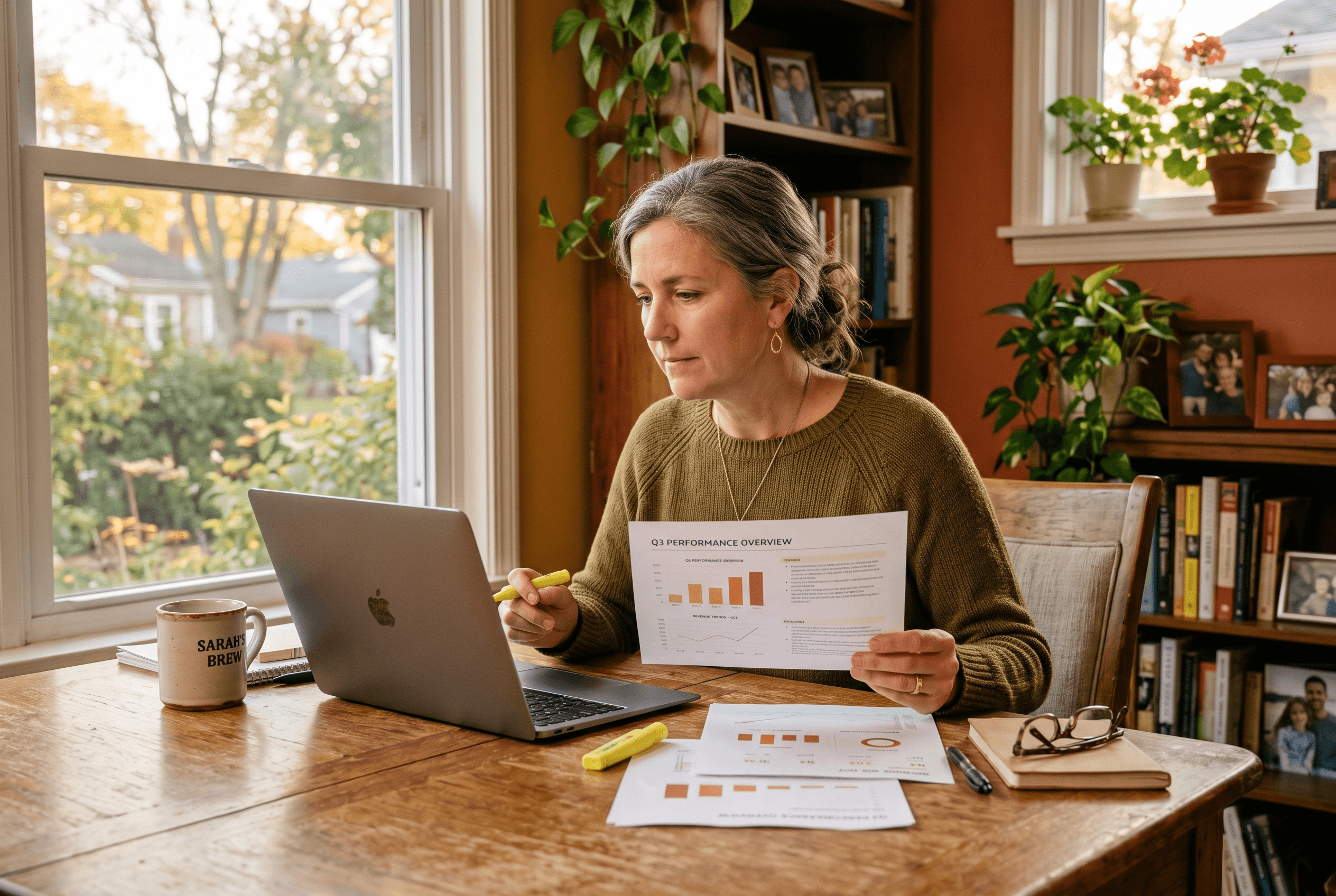 Small business owner reviewing a printed report and laptop side by side while preparing for the Local Services Ads migration