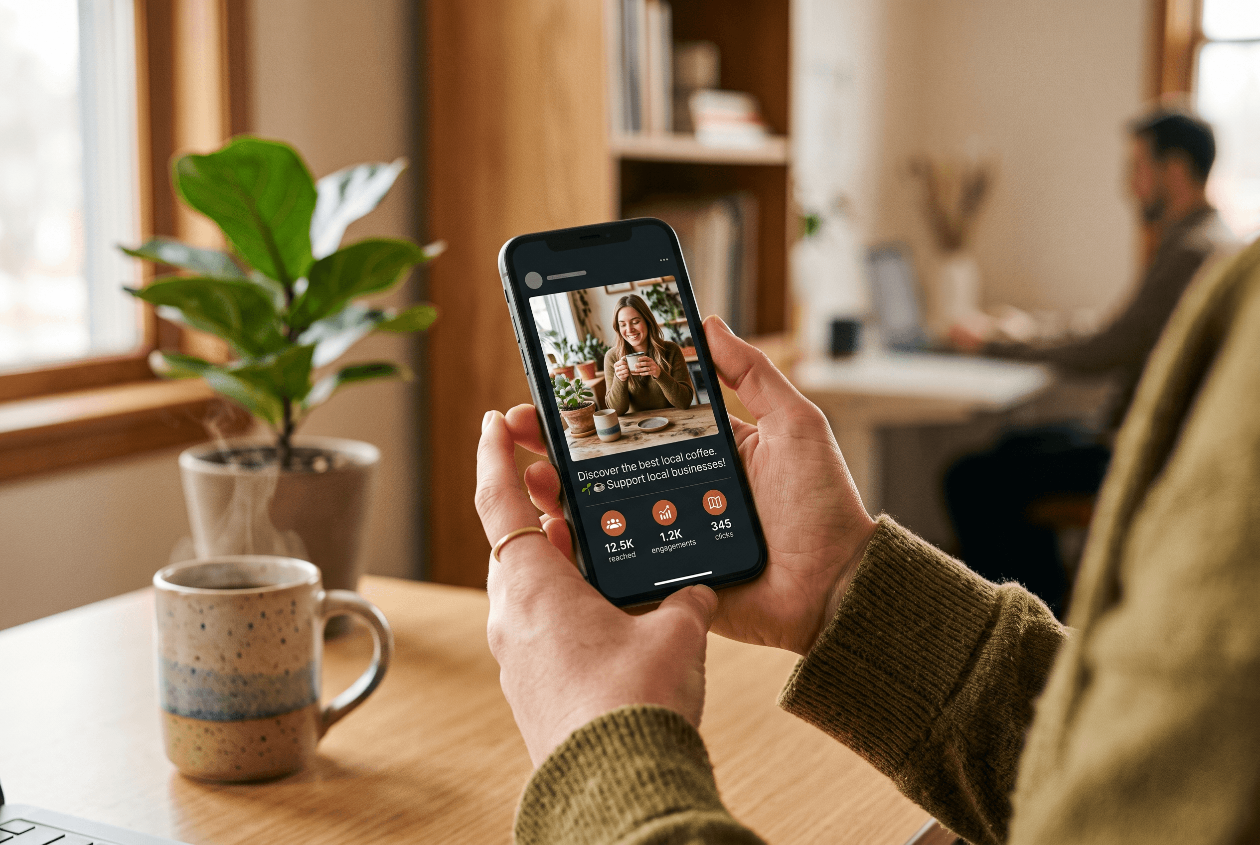 Close-up of hands holding a phone showing an automated Facebook and Instagram ad preview with warm-toned charts and audience icons