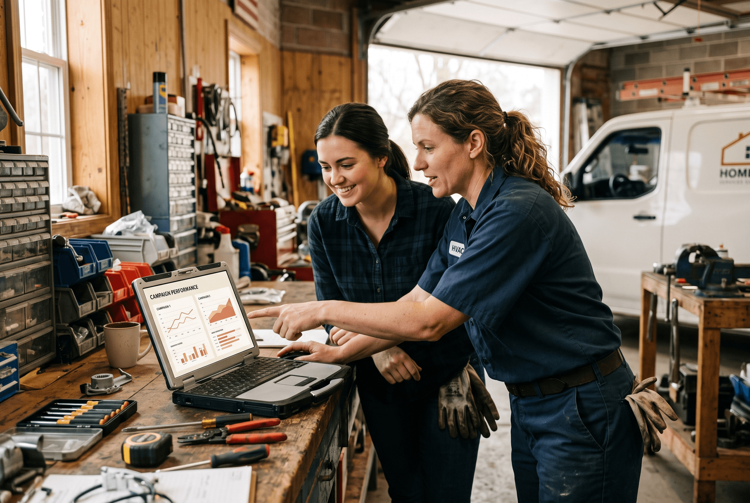 HVAC service technician and office staff comparing an ad campaign on a laptop in a small Northeast Indiana workshop