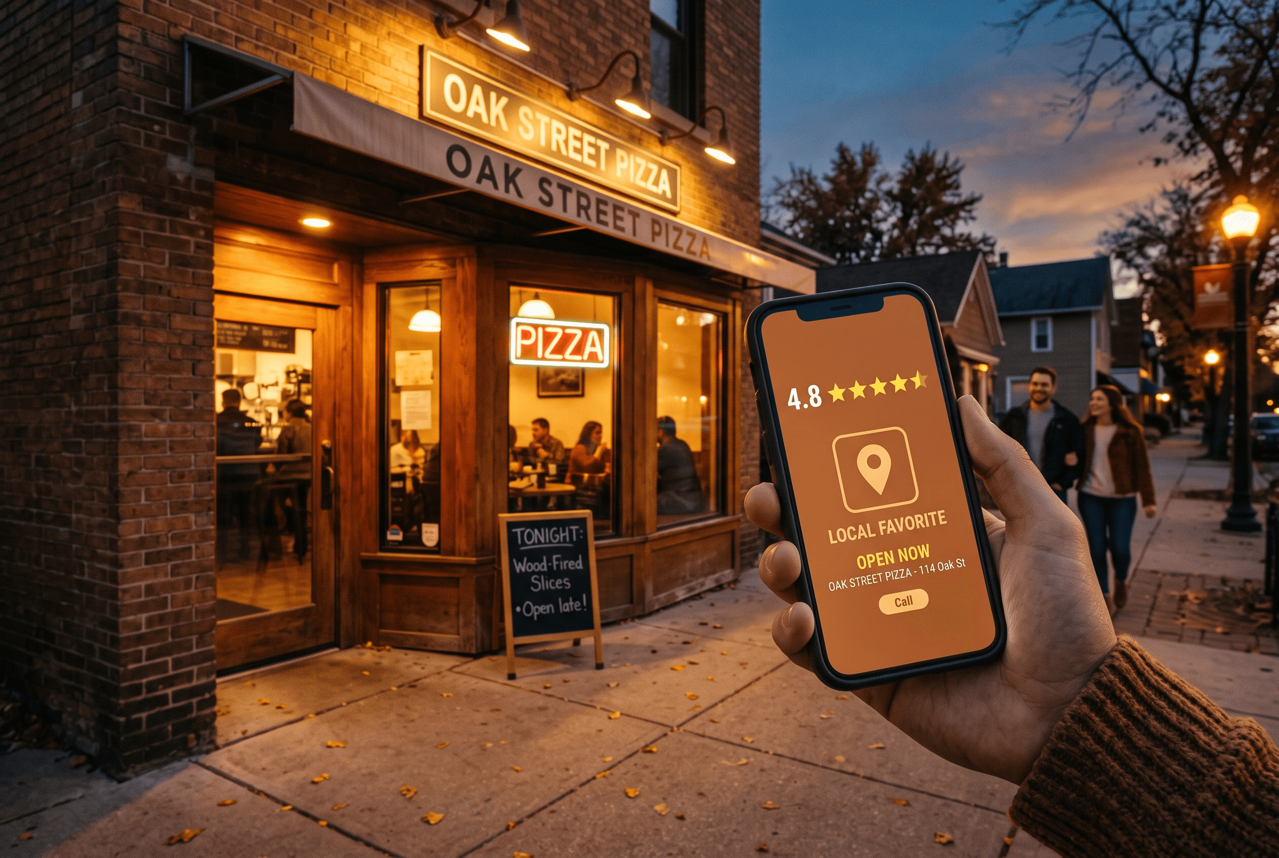 Exterior of a Fort Wayne pizza shop at dusk with a phone in the foreground showing a local Facebook ad and warm street light