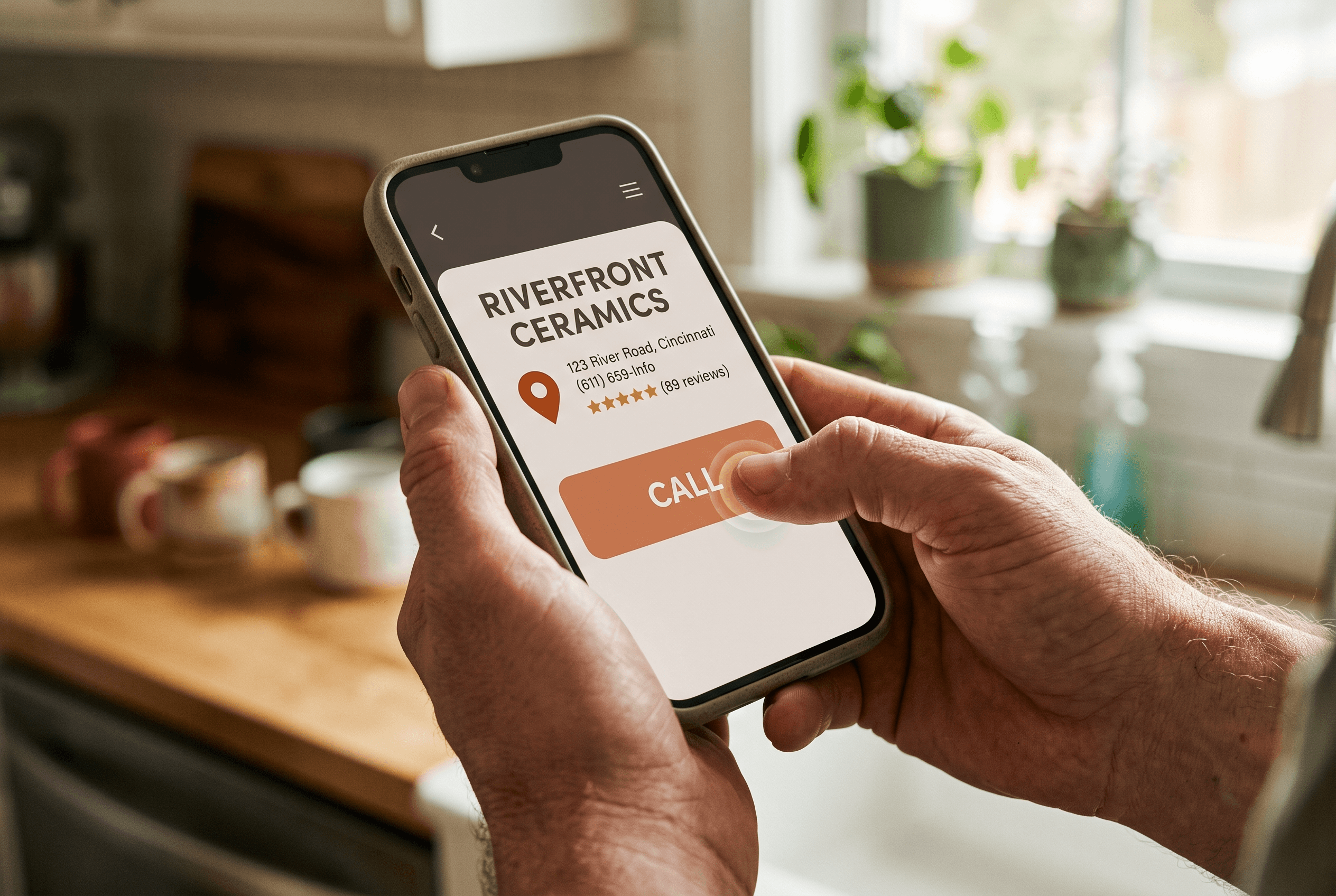 A hand taps a click-to-call button on a phone showing a Fort Wayne HVAC listing, the top conversion a local business should track