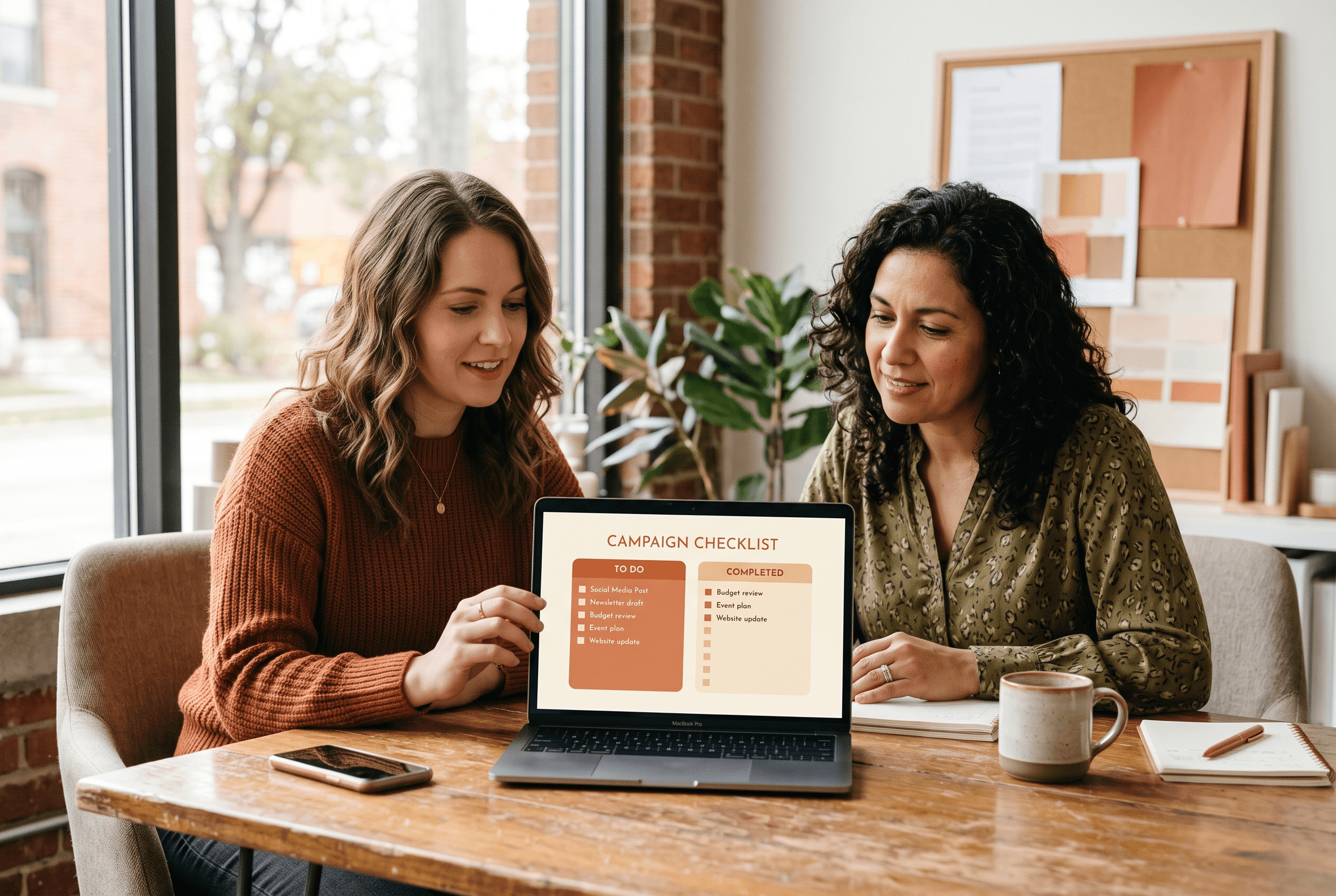 A marketing specialist and a business owner review conversion tracking setup together on a laptop, dividing DIY tasks from expert work