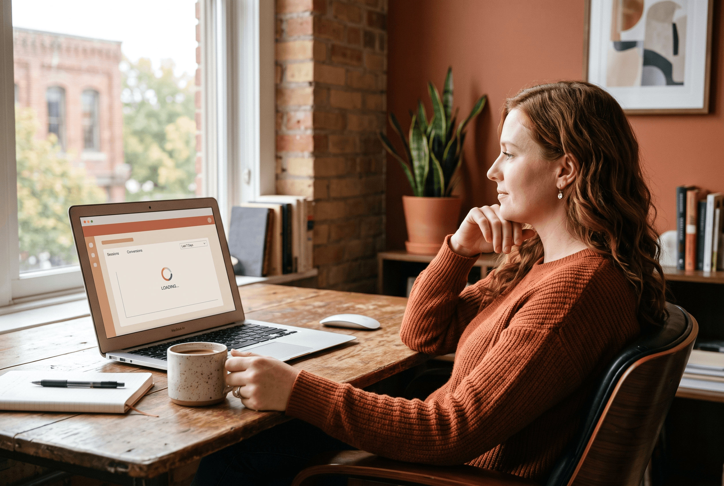 A marketing professional steps back from a laptop showing a stalled rank-tracking tool that failed to load its data