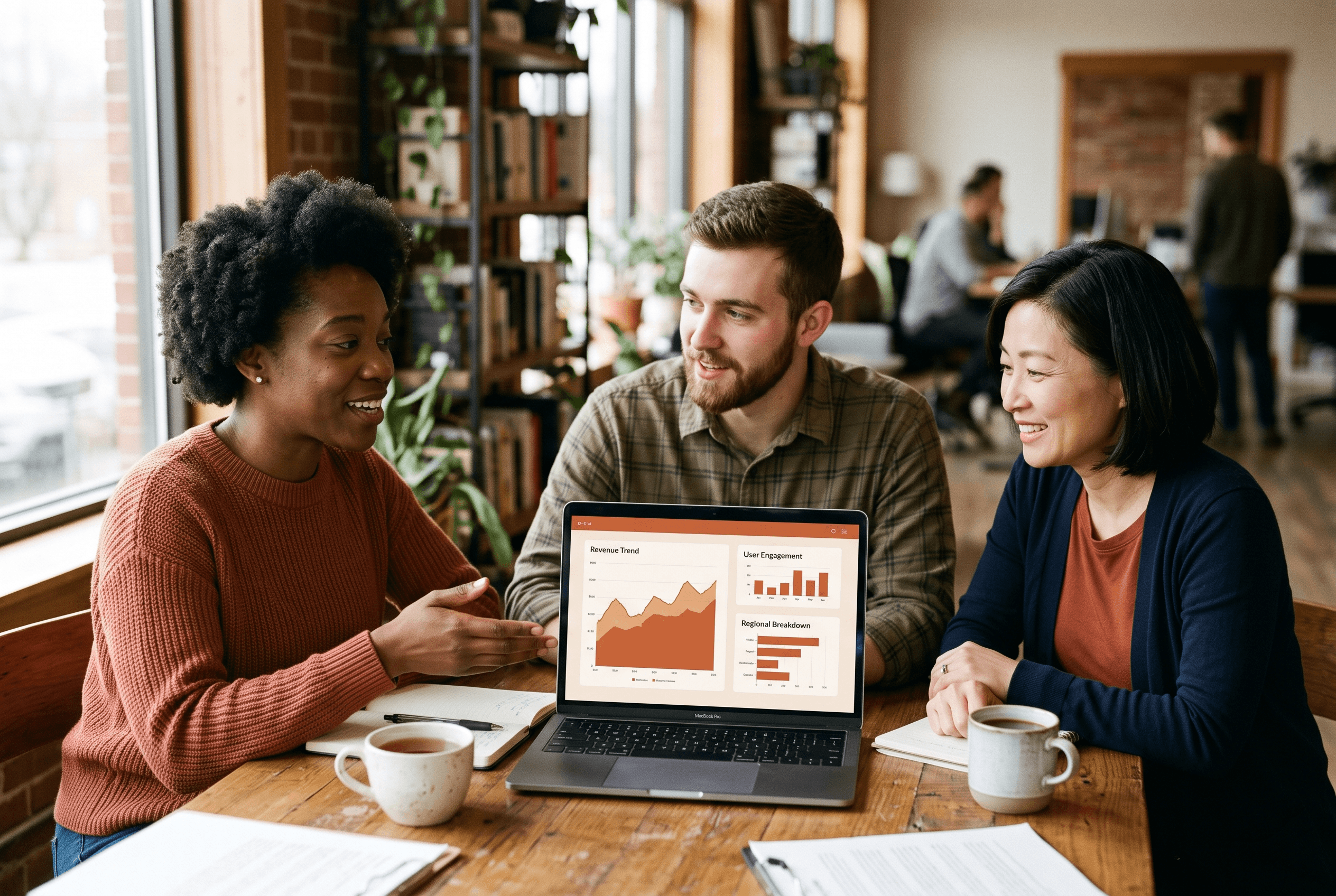 A small business team gathers around a laptop reviewing serving, citing, and revenue metrics on a simple warm-toned dashboard