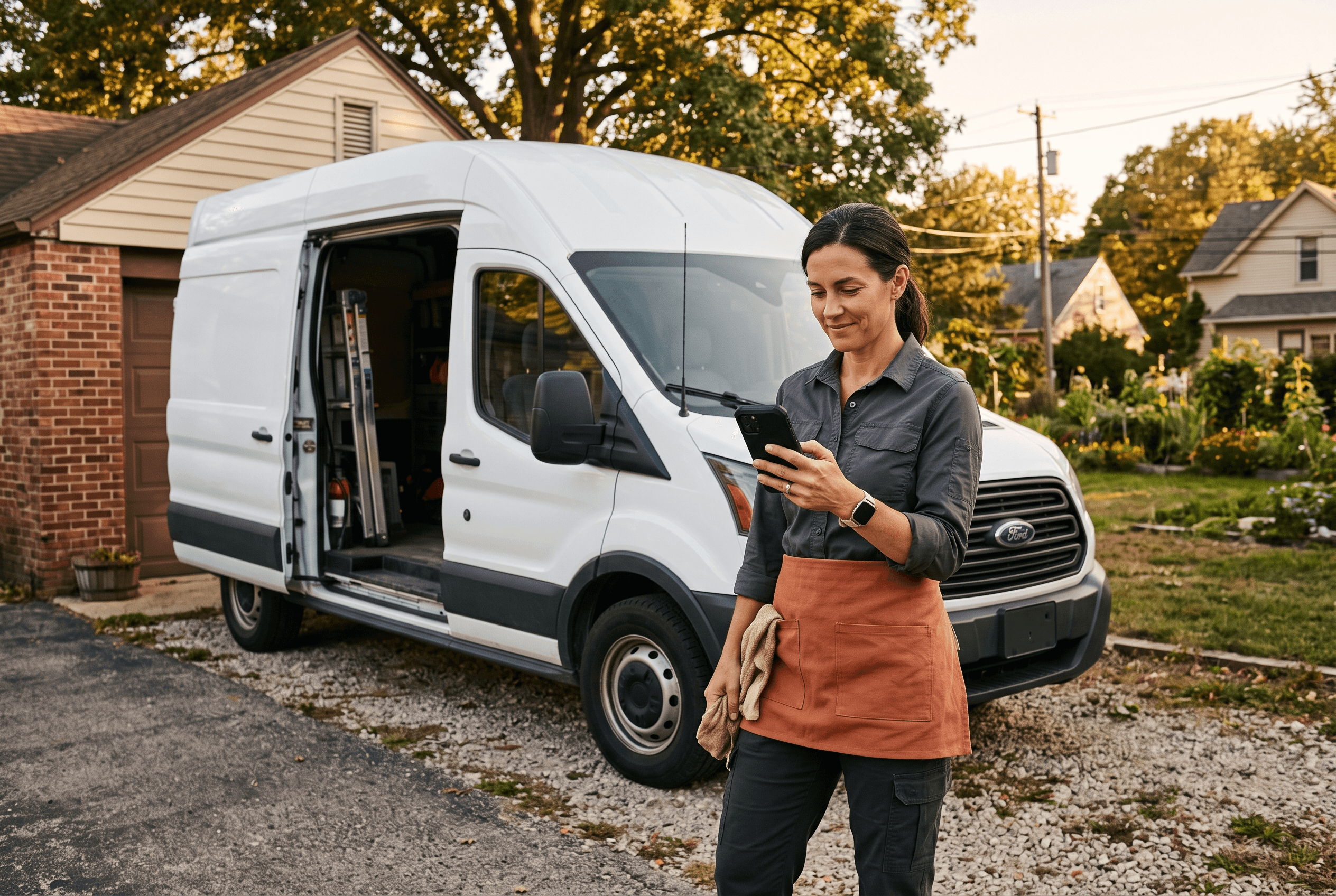 A Fort Wayne service business owner checks test search queries on a phone near a work van while tracking booked appointments