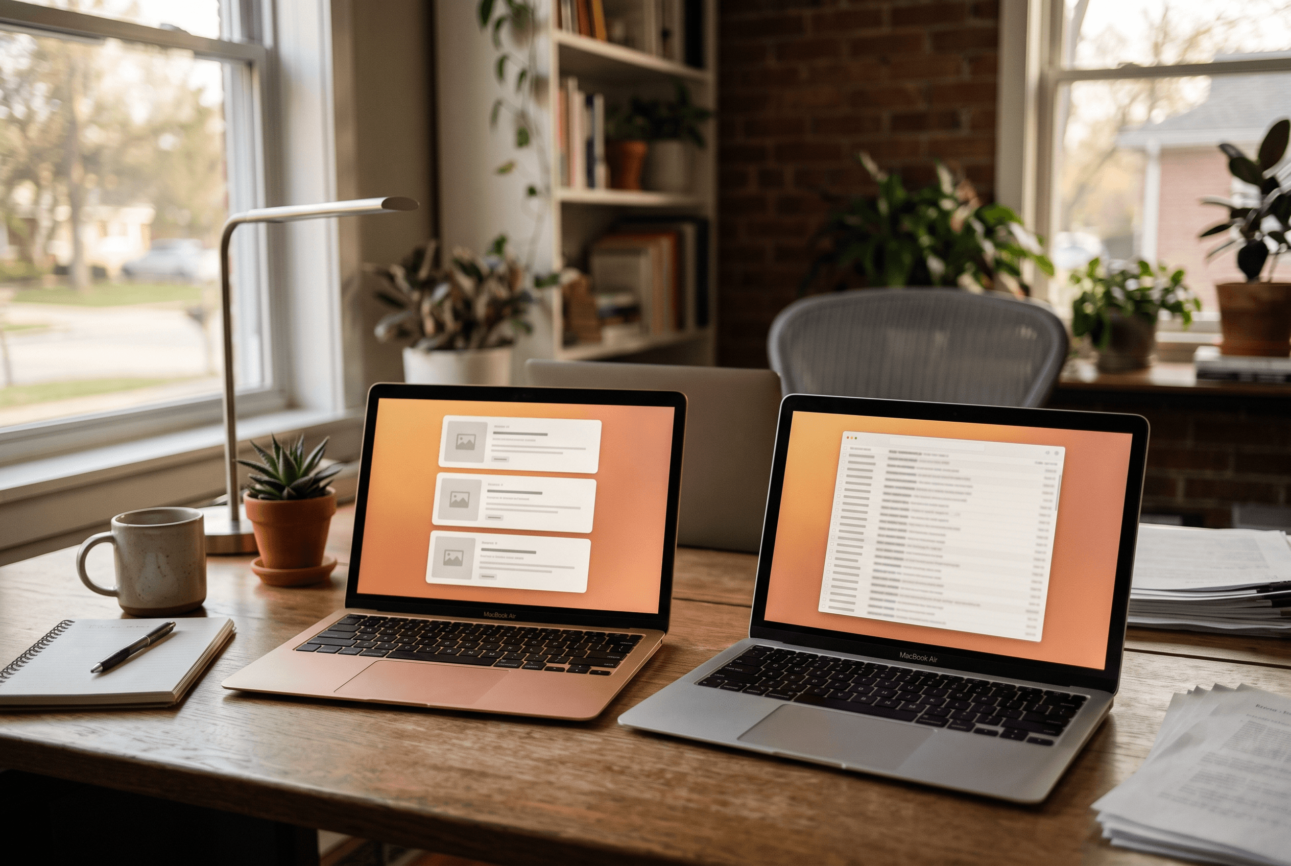Two side-by-side laptop screens showing a long list of results versus a short generated set, illustrating ranking without an index