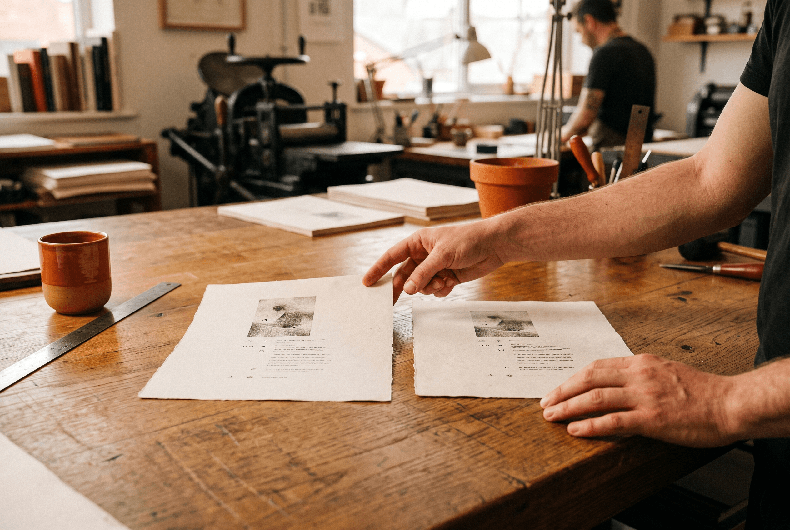 Two nearly identical printed product pages on a workshop table with one set slightly aside, showing near-duplicate pages competing
