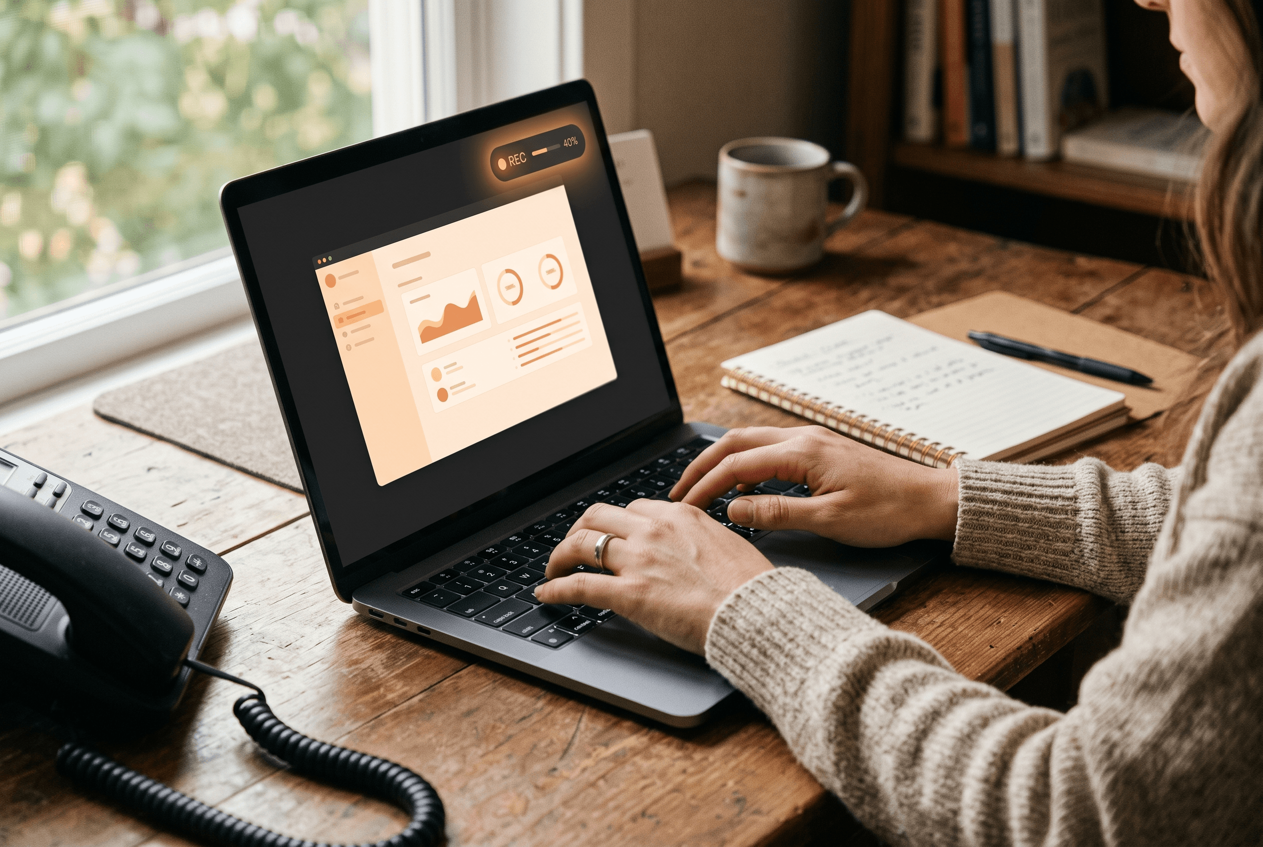 Close view of hands at a keyboard beside a laptop screen showing a simple recording indicator as an office routine is captured into a reusable skill
