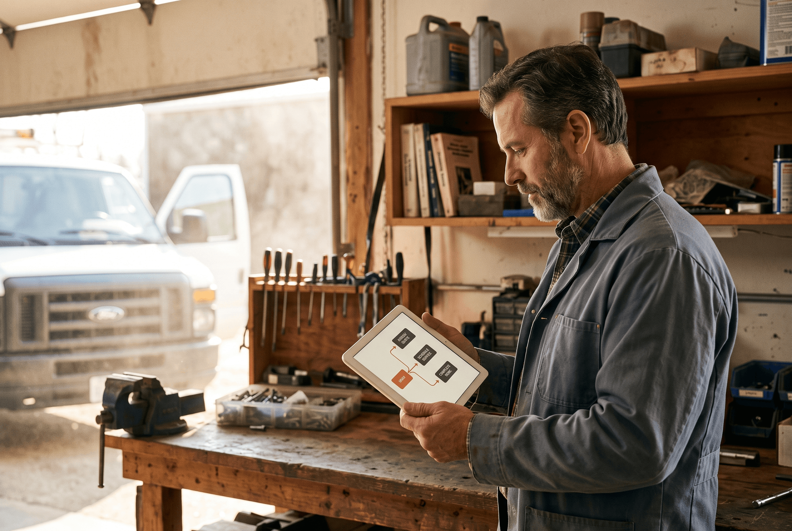 A Fort Wayne business owner comparing automation options on a tablet showing a simple warm-toned flowchart of three choices at a workshop bench