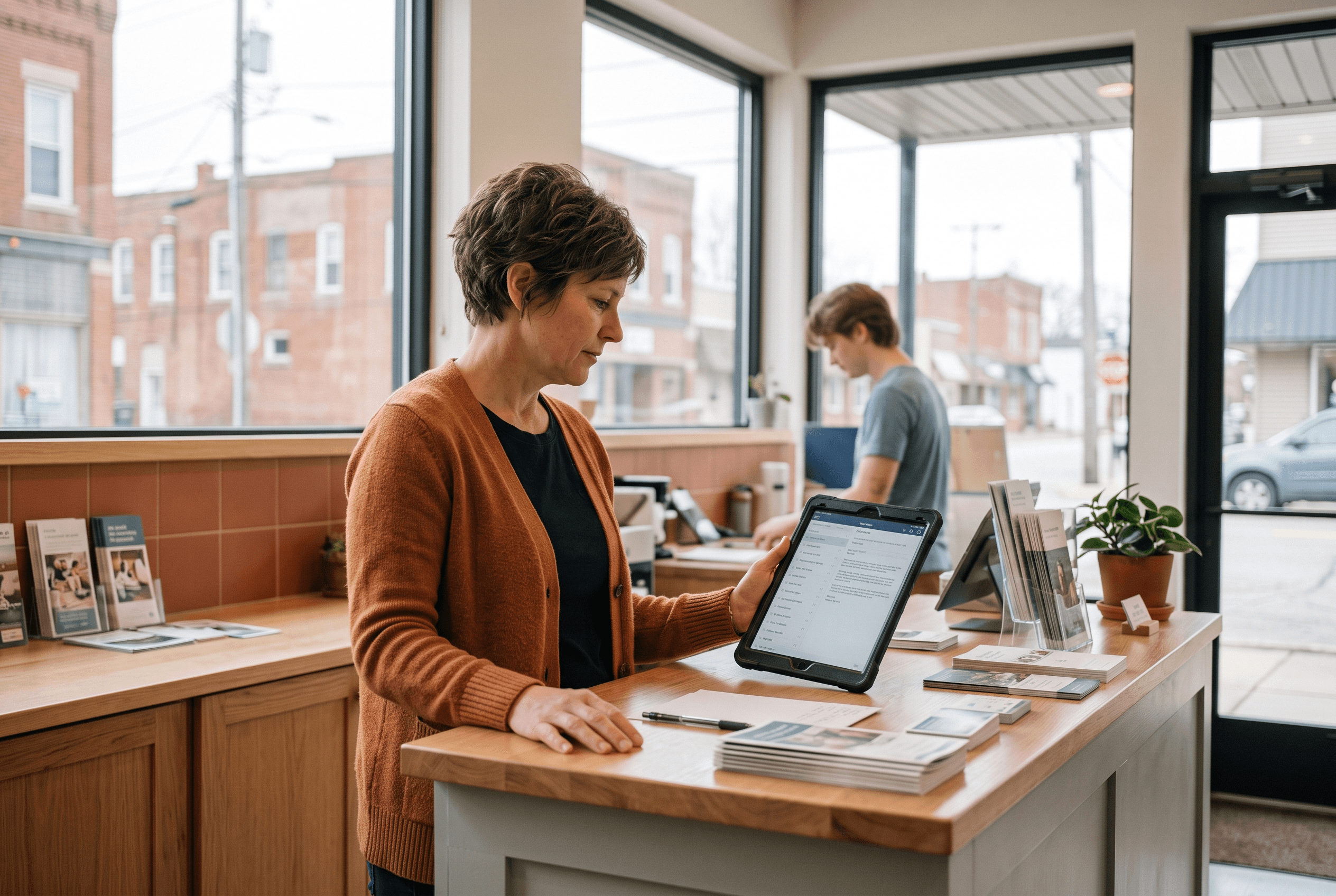A Fort Wayne HVAC or dental office owner reviewing AI-drafted work on a tablet at the front counter before anything is sent, a human-check moment