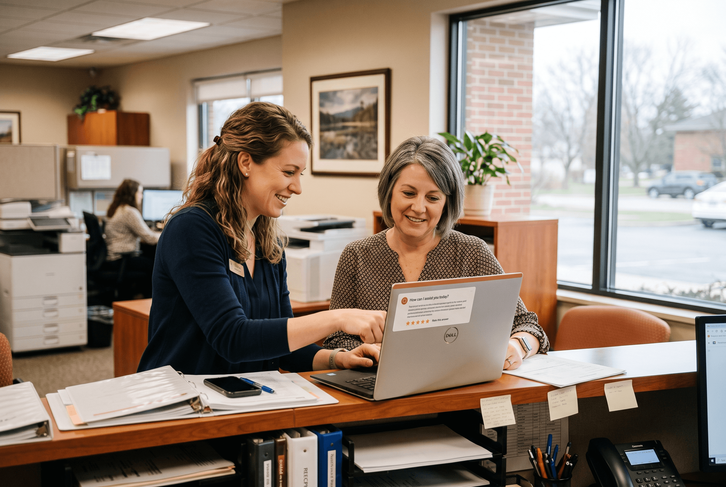 Front-desk staff at a Northeast Indiana office glance at a laptop where an AI answer summarizes reviews about the business, illustrating how AI surfaces old content.