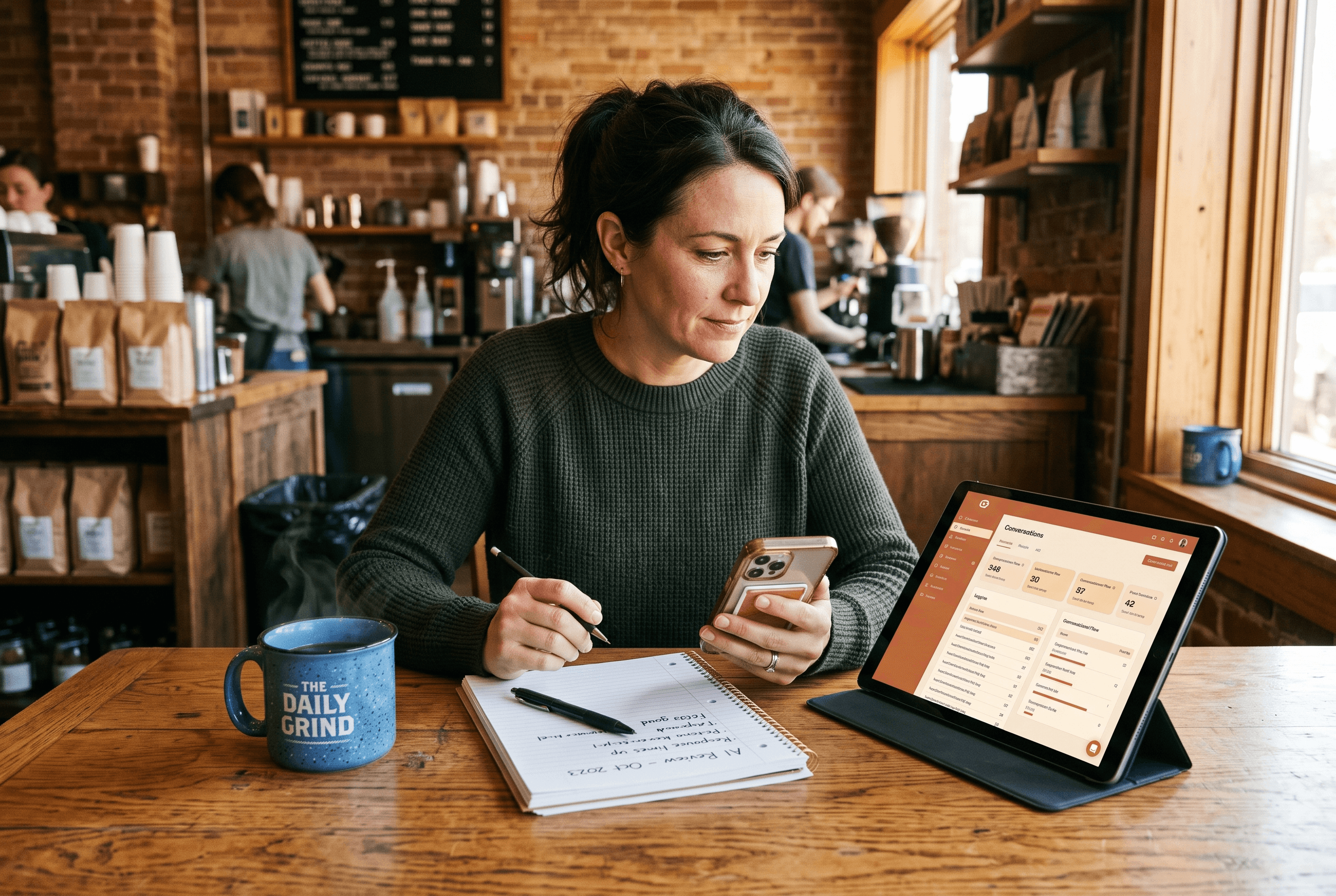 A Fort Wayne owner at a kitchen-style office table checks several AI assistants on a phone and tablet, running a monthly branded-prompt reputation check.