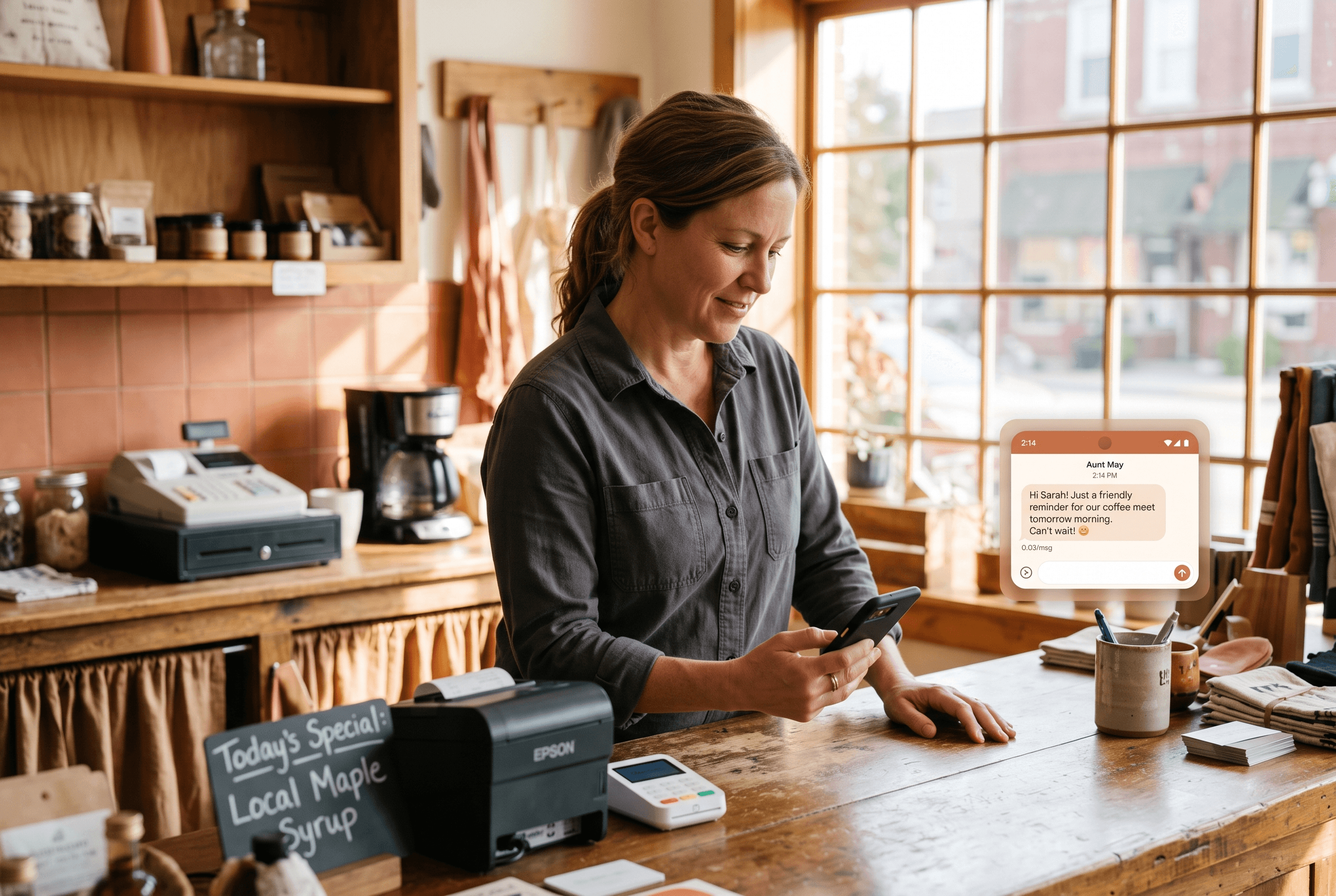Small business owner at a shop counter checking a phone showing a customer text thread and message cost, warm daylight in a Fort Wayne storefront
