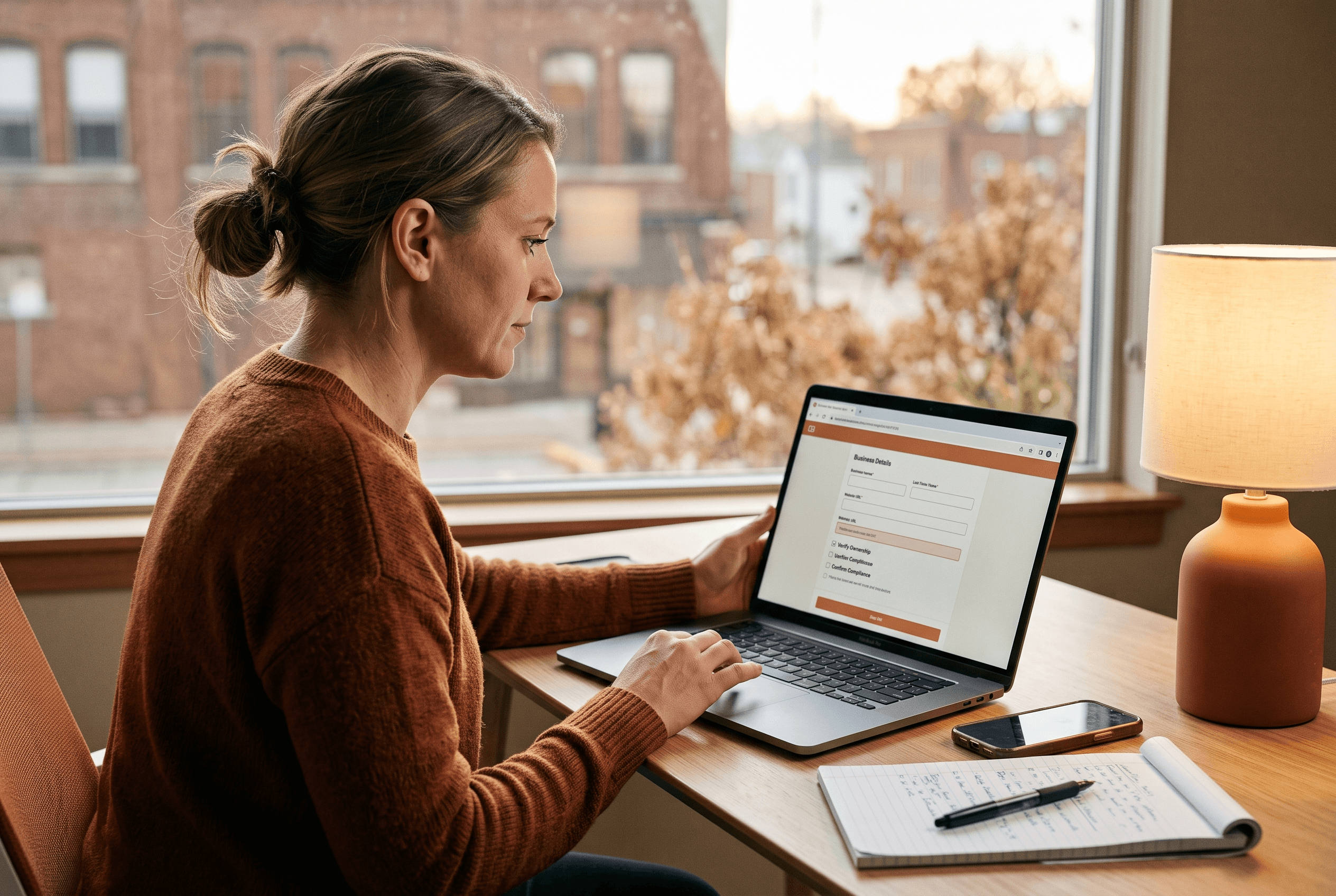 Small business owner at a modest office desk completing a text-message registration form on a laptop showing a compliance checklist in warm light
