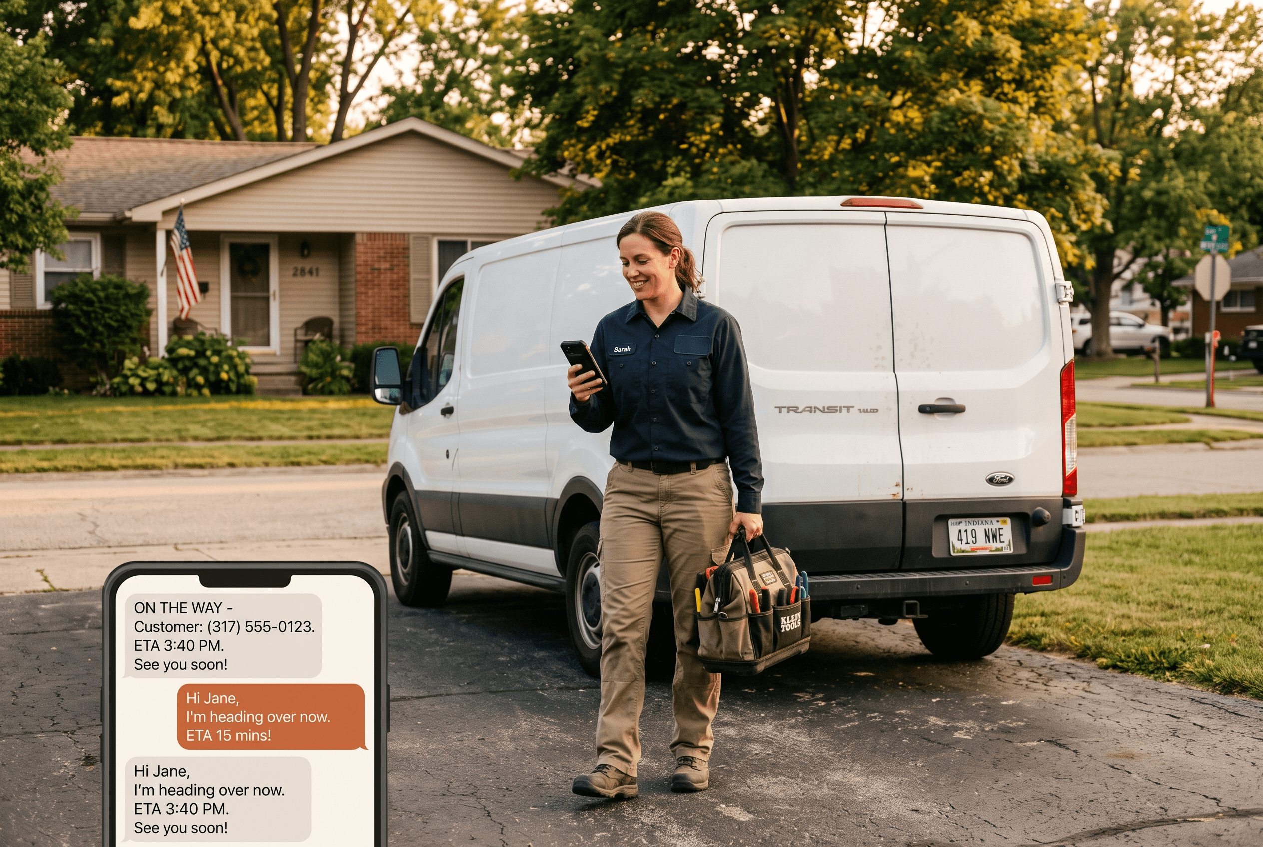 A service technician beside a work van in a Fort Wayne driveway checking a phone showing a dispatch text to a customer, warm afternoon daylight