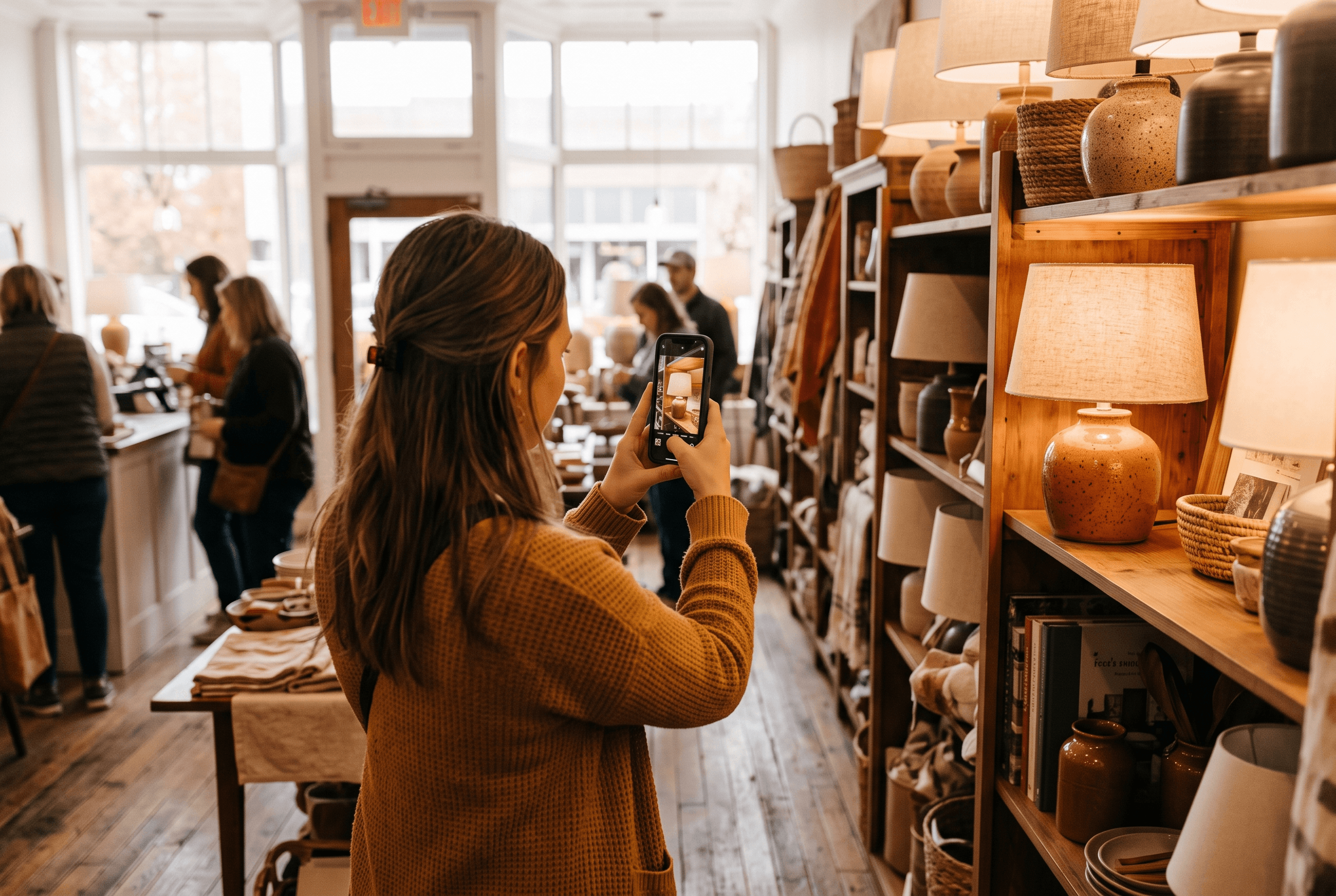 A customer in a Northeast Indiana home-goods shop holds a phone up to a table lamp, using visual search by camera to identify the product on the shelf