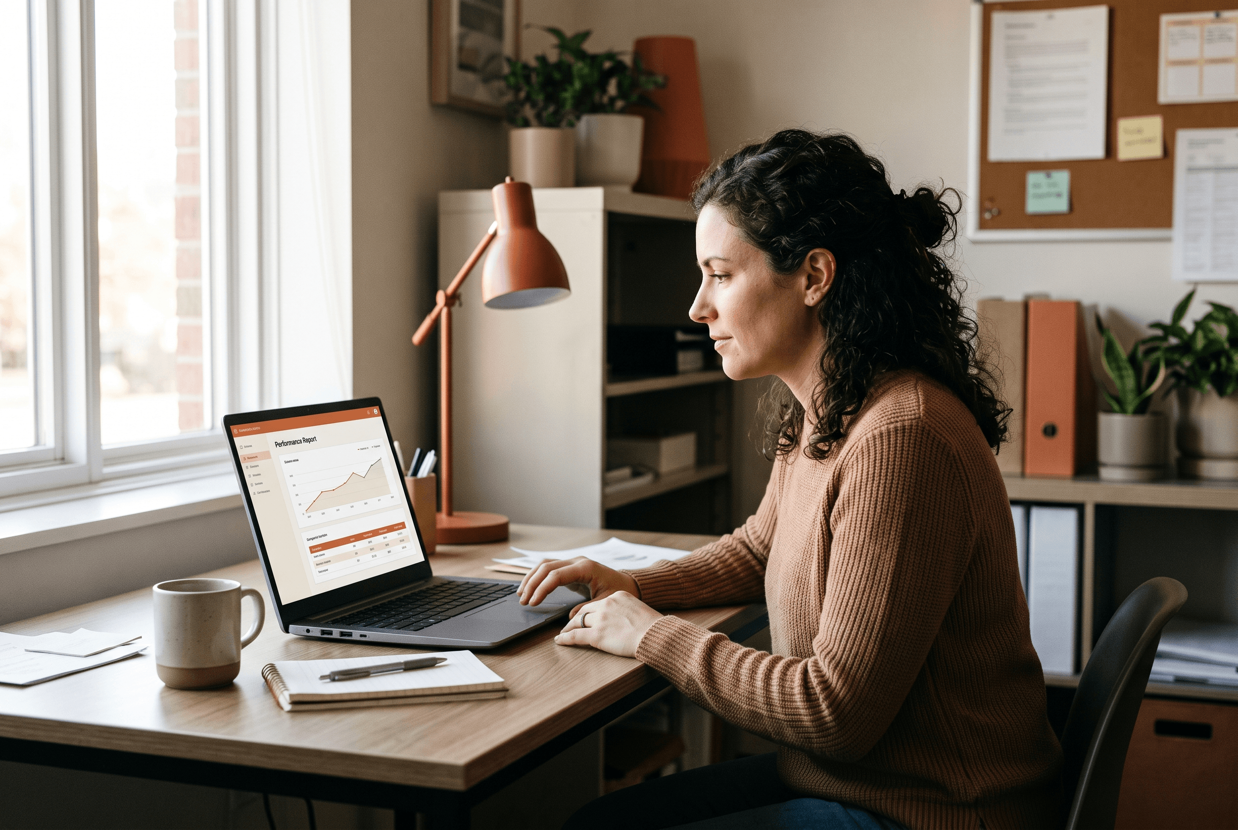 A small-business owner at a modest office desk reviews a Search Console multimodal report on a laptop, comparing image-search traffic against text search
