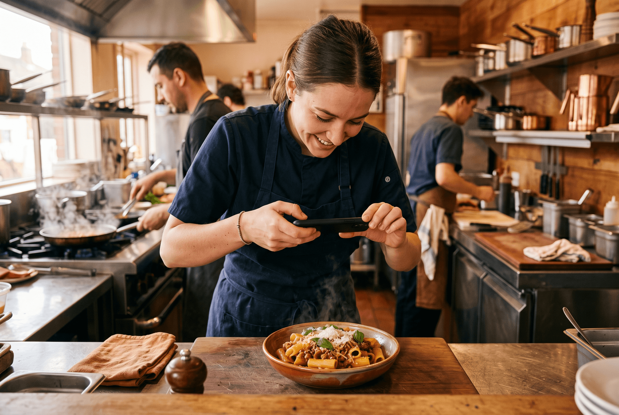 A restaurant worker at a Fort Wayne counter photographs a freshly plated dish with a phone to keep menu images current and findable in visual search