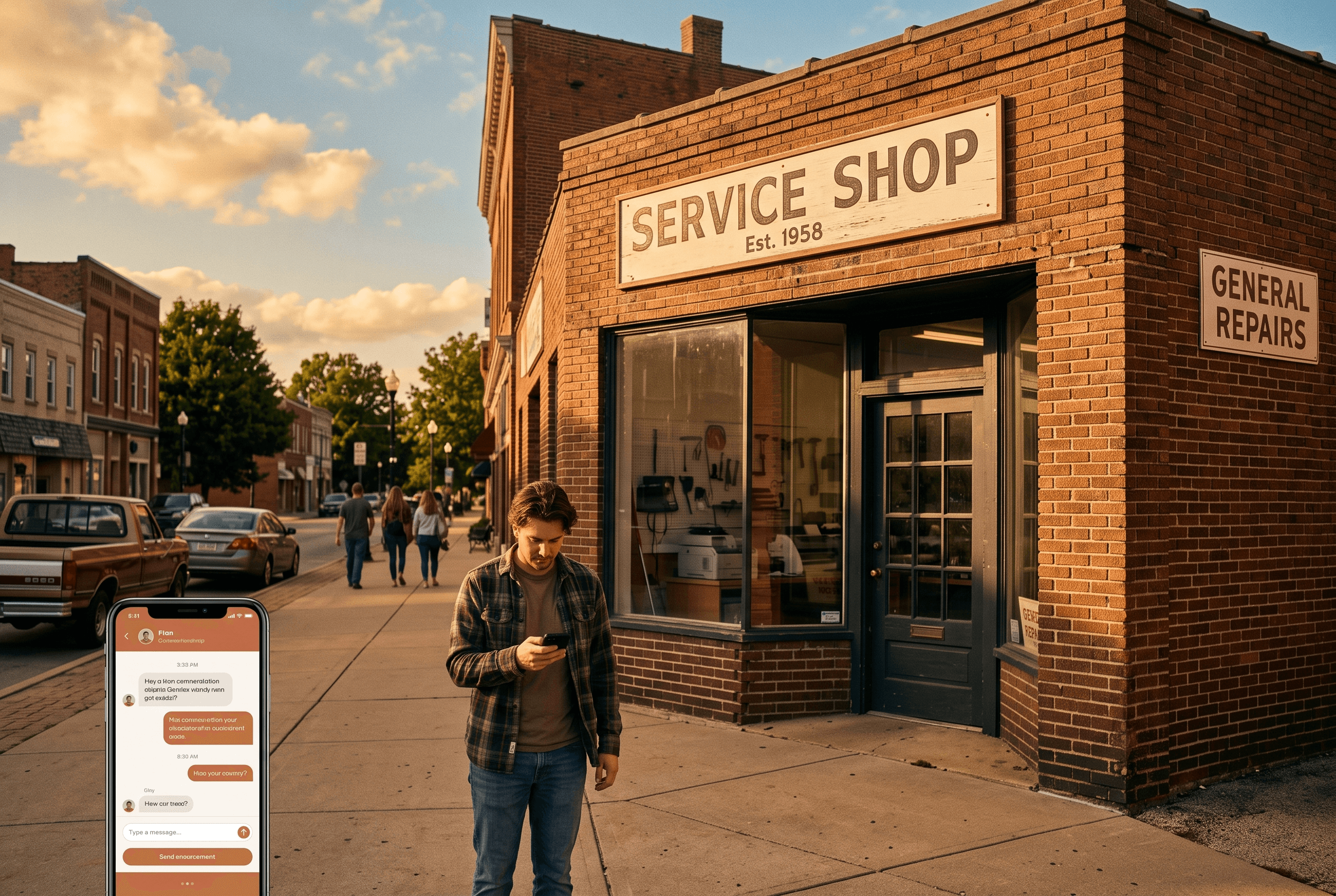 Exterior of a small Northeast Indiana service storefront at golden hour, with a customer outside checking an AI assistant on their phone for a local recommendation.