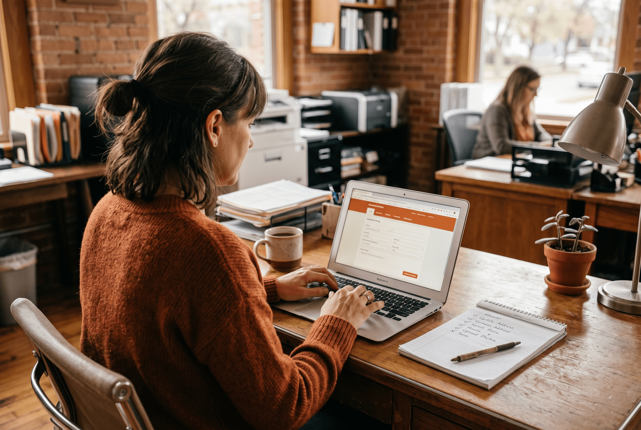 Over-the-shoulder view of a Fort Wayne business owner at a laptop updating their business listing details, working through an answer-engine-optimization fix checklist.