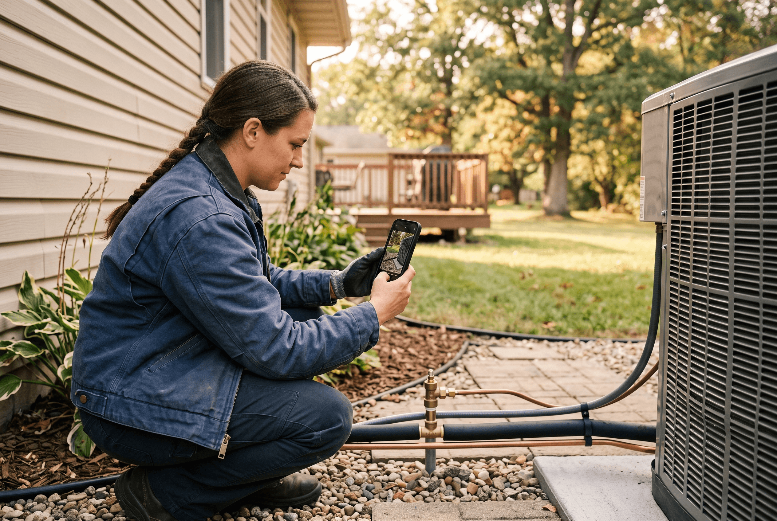 A Fort Wayne plumber photographing finished work on a phone to add fresh photos to a complete Google Business Profile listing for better local visibility