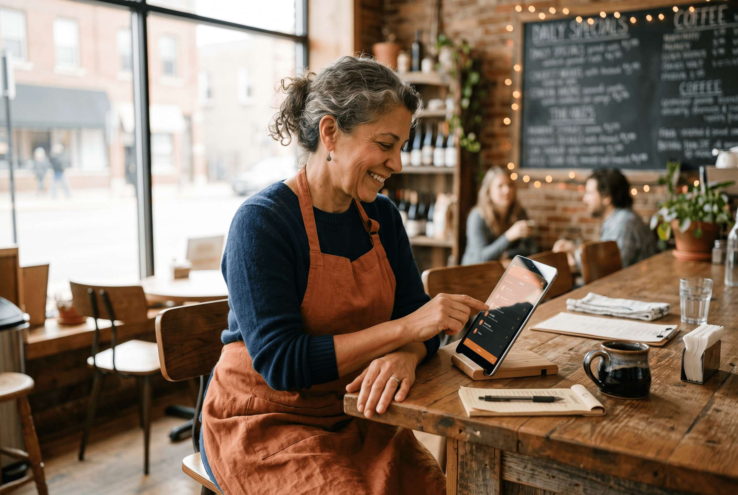 A Fort Wayne restaurant owner updating business hours and categories on a tablet at the counter to climb higher in the Google Maps local pack