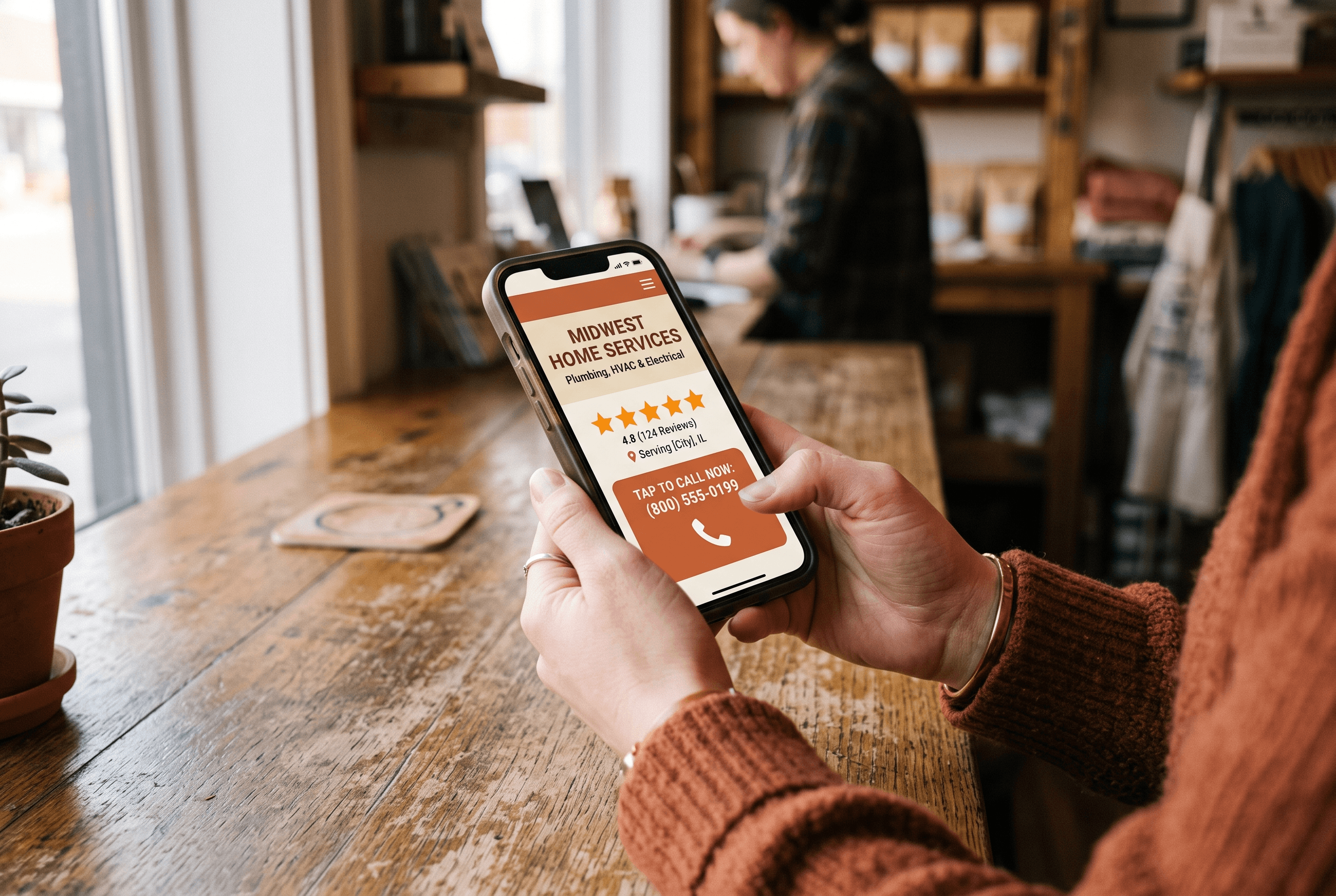 Close-up of hands holding a phone showing a local business website with a tap-to-call button and star ratings in warm tones
