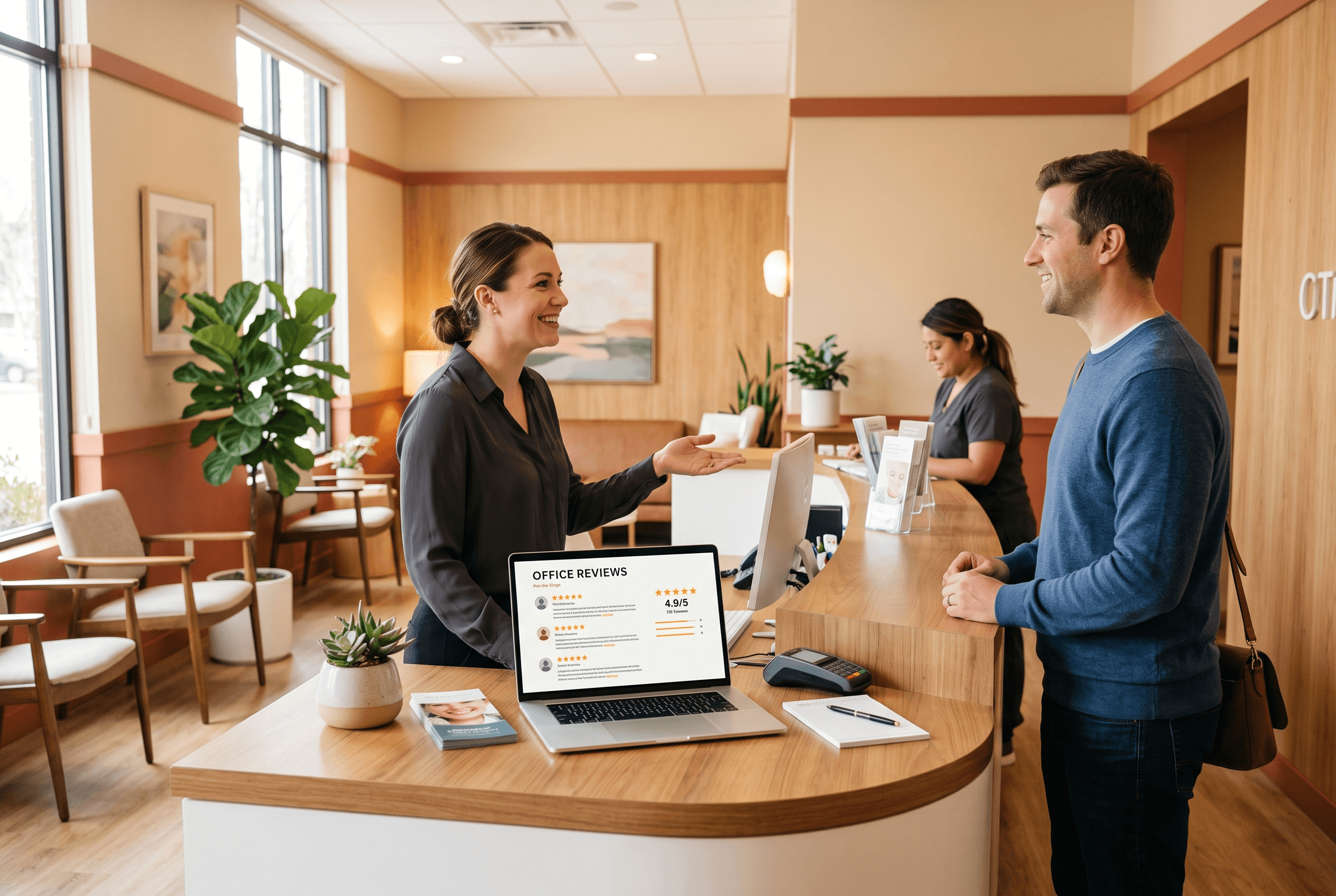 Front-desk staff at a Fort Wayne dental office greeting a customer at a counter with a laptop showing reviews nearby