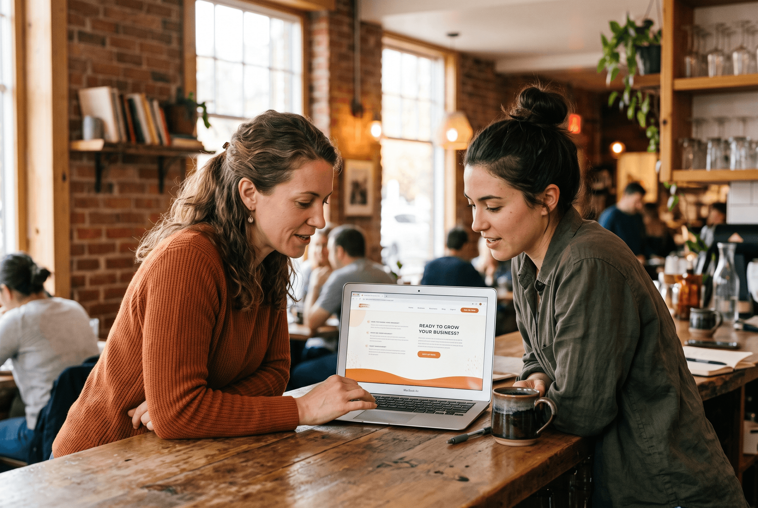Two small-business team members reviewing a website landing page on a laptop at a restaurant counter in warm daylight