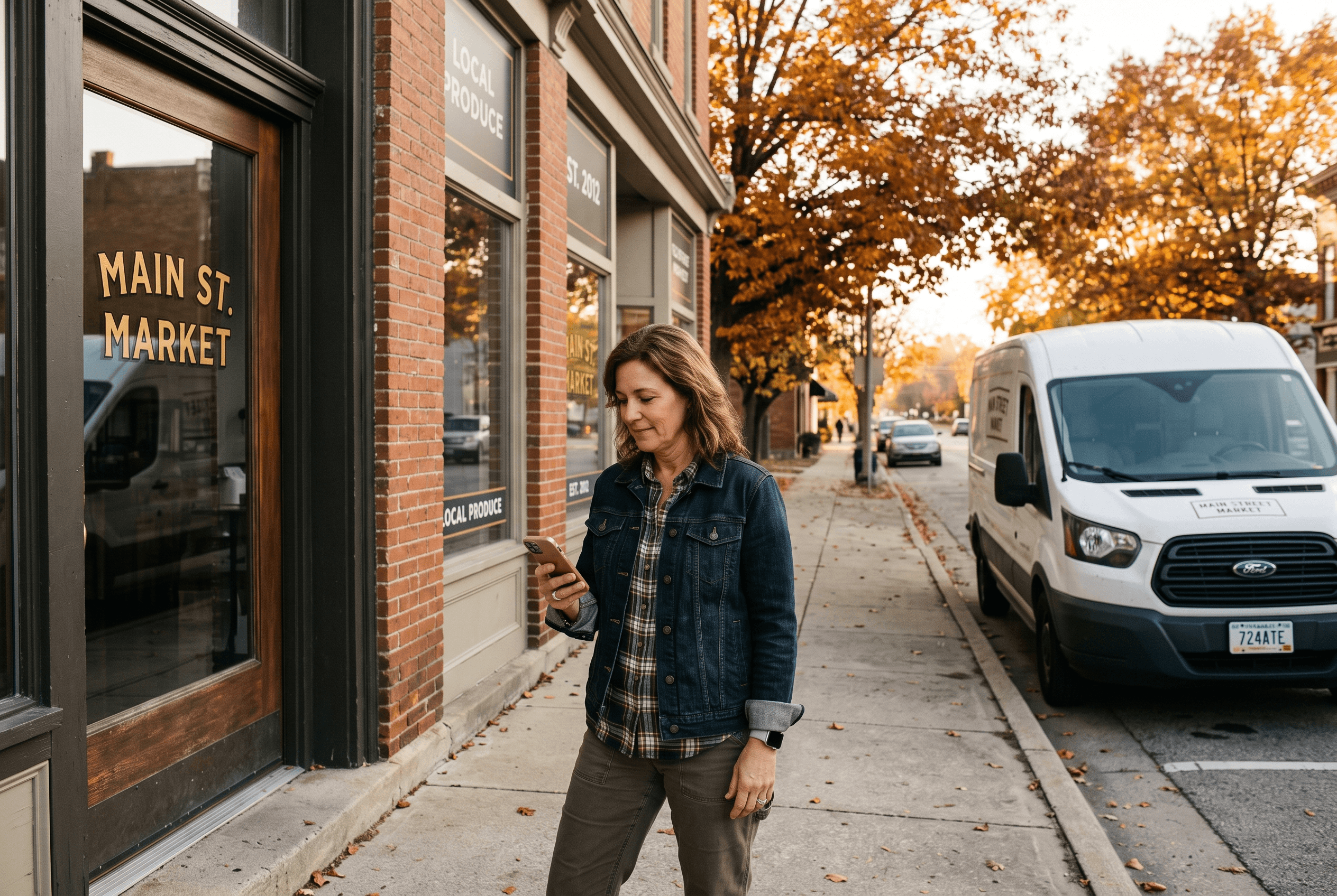 A service business owner standing outside a small storefront checking website settings on a phone, with a parked work van in warm morning light.