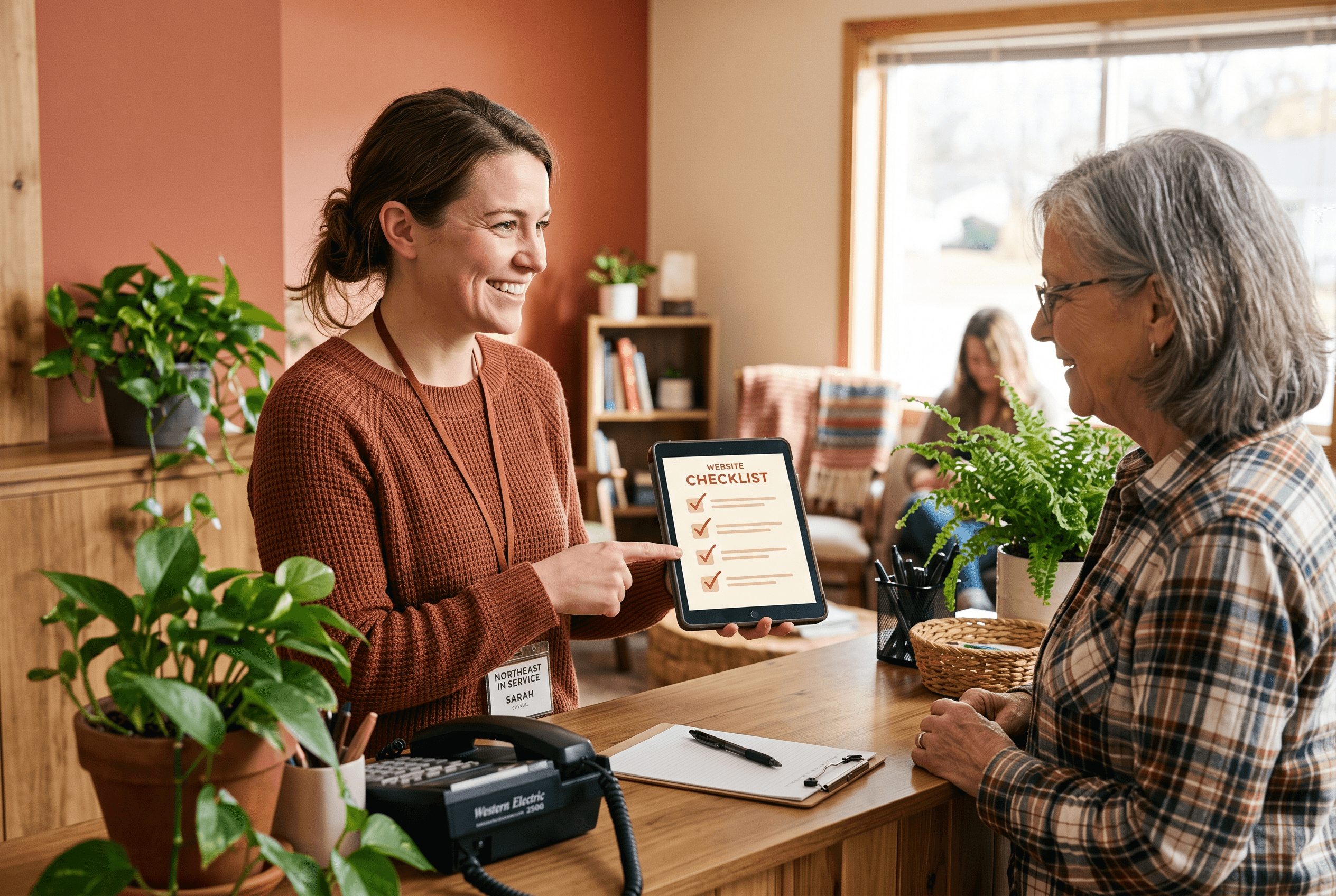 Front-desk staff at a small Northeast Indiana service business reviewing a website checkup on a tablet, warm daylight across the reception counter.