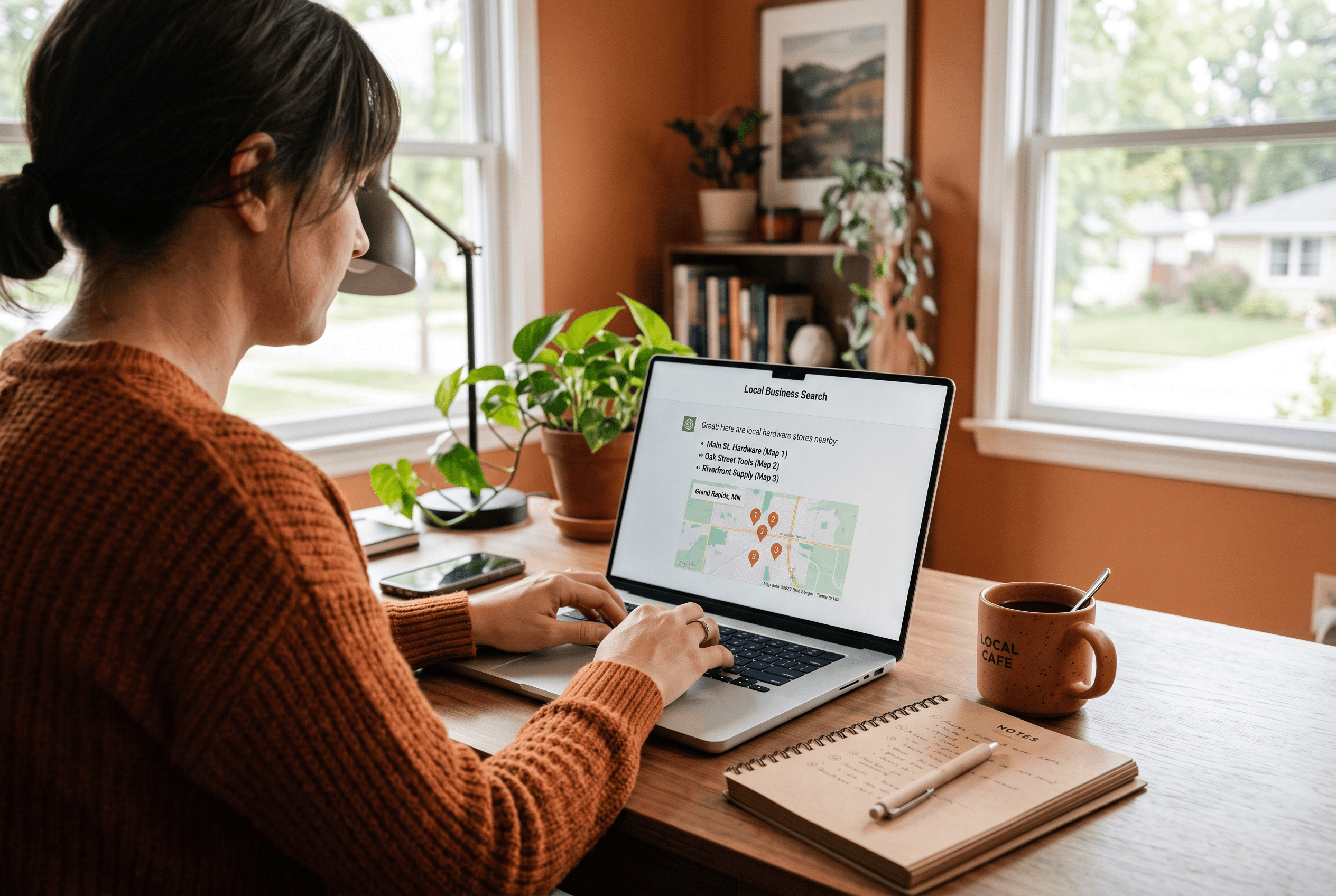 Person asking an AI chat assistant for a local business recommendation on a laptop showing a simple conversational answer with map pins