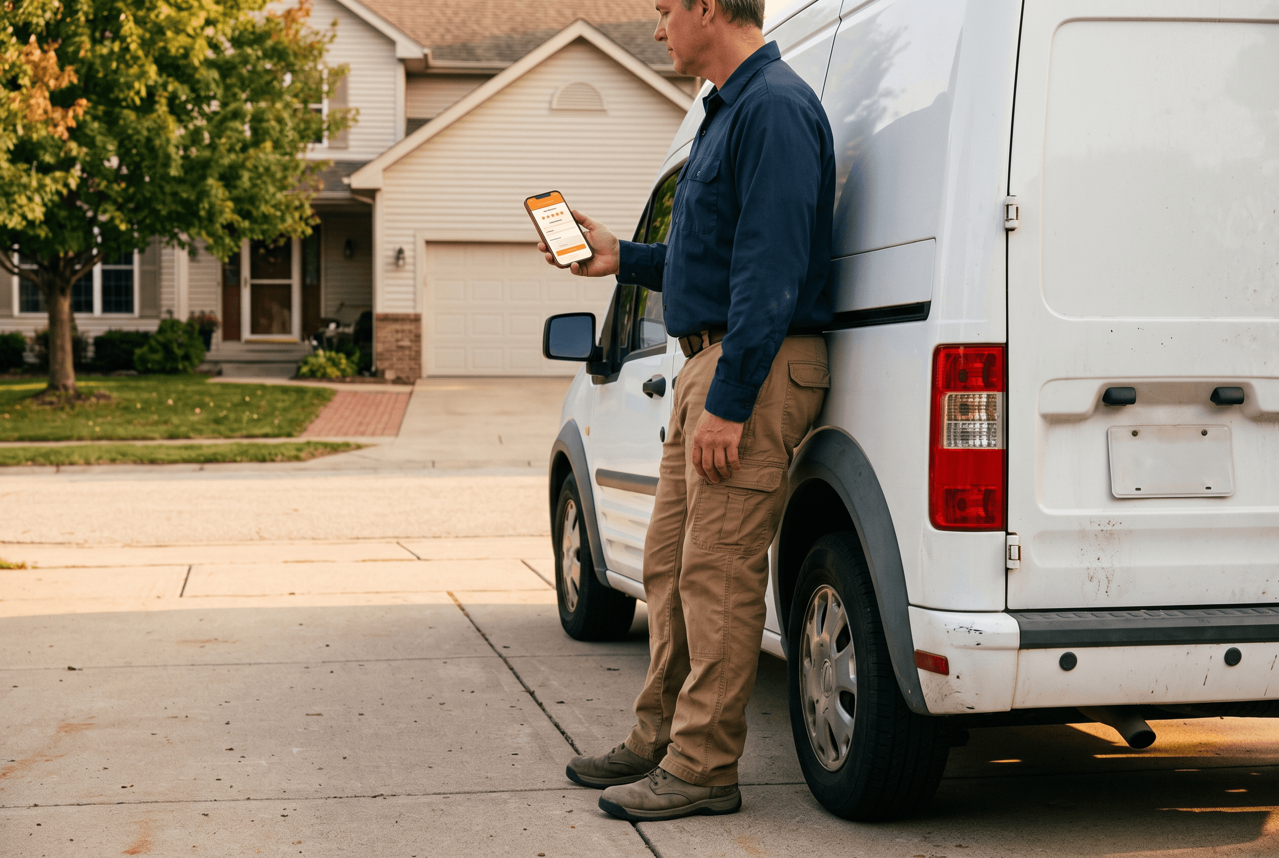 Service technician outside a work van reviewing customer ratings and a quote request on a phone at a Fort Wayne job site
