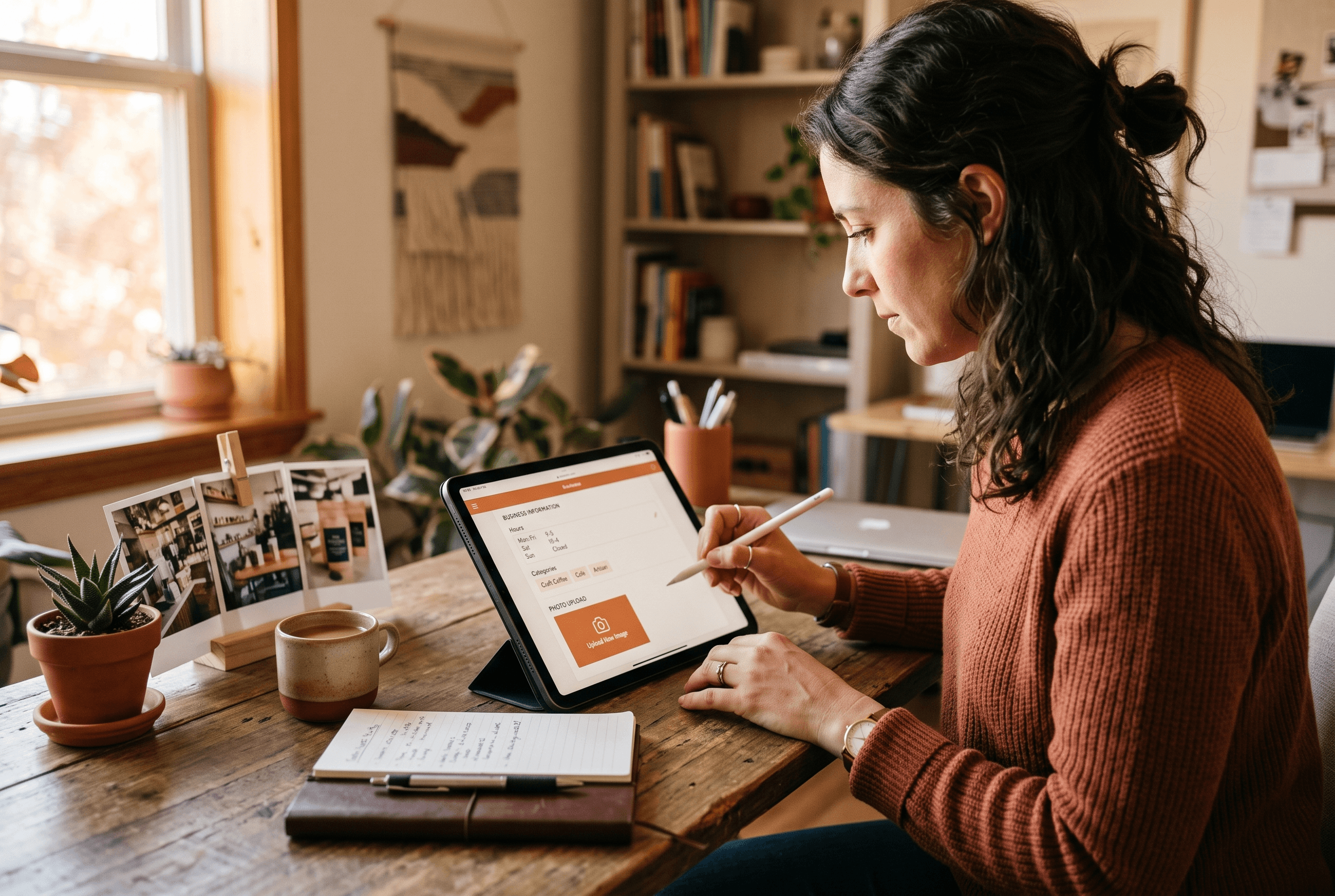 Small business owner claiming and updating a business listing on a tablet, adding hours and photos in a warm-toned dashboard