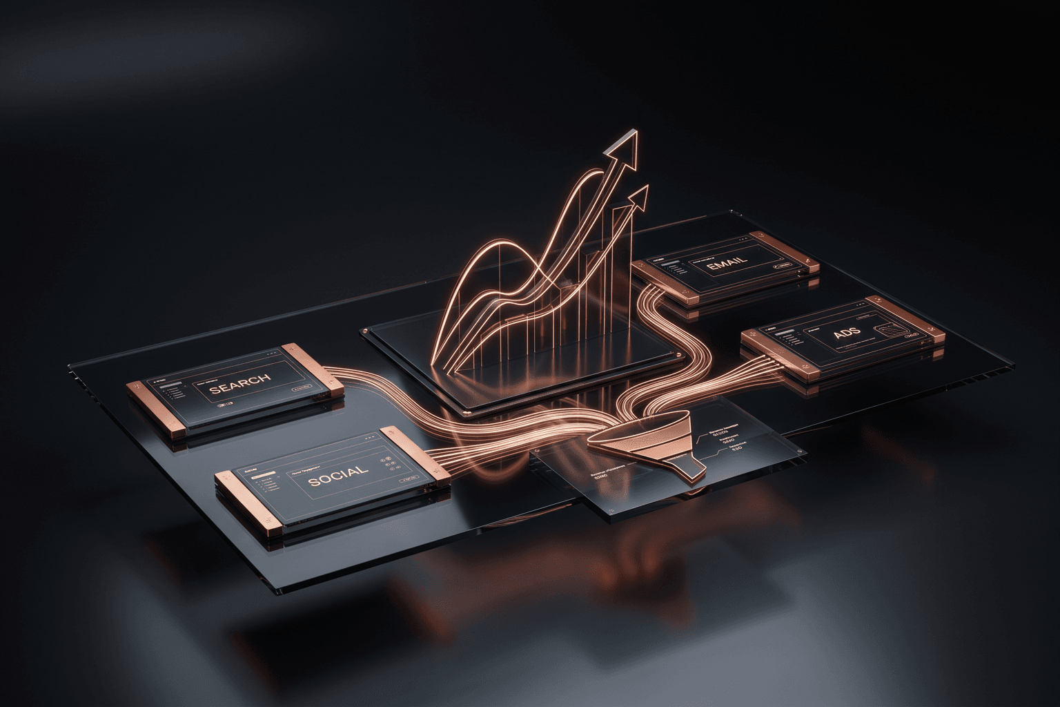 Digital marketing Fort Wayne — dark copper brand render of AI-powered multi-channel campaign growth for Fort Wayne and Northeast Indiana businesses