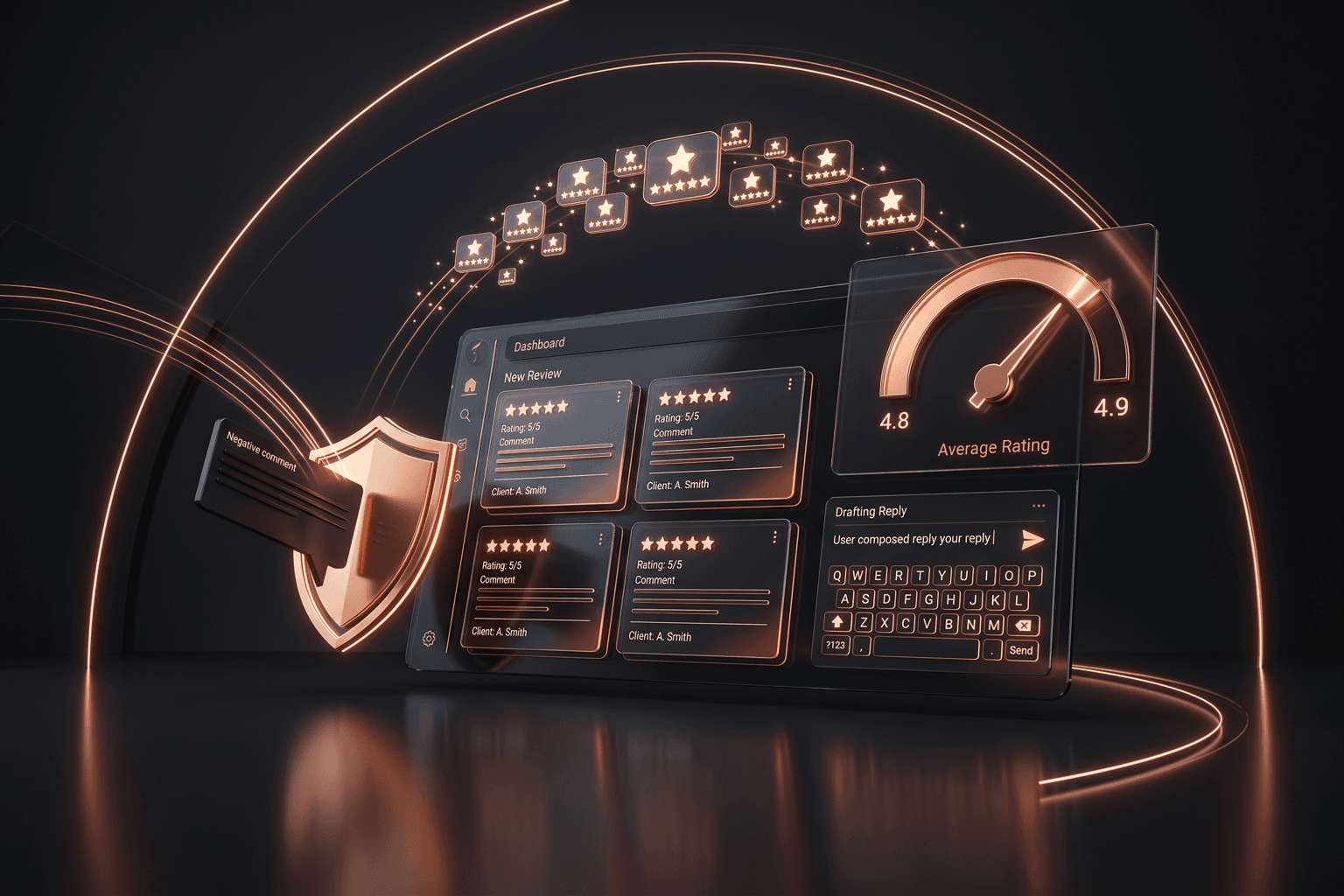 Fort Wayne reputation management — dark copper brand render of review monitoring and brand protection for Fort Wayne and Northeast Indiana businesses