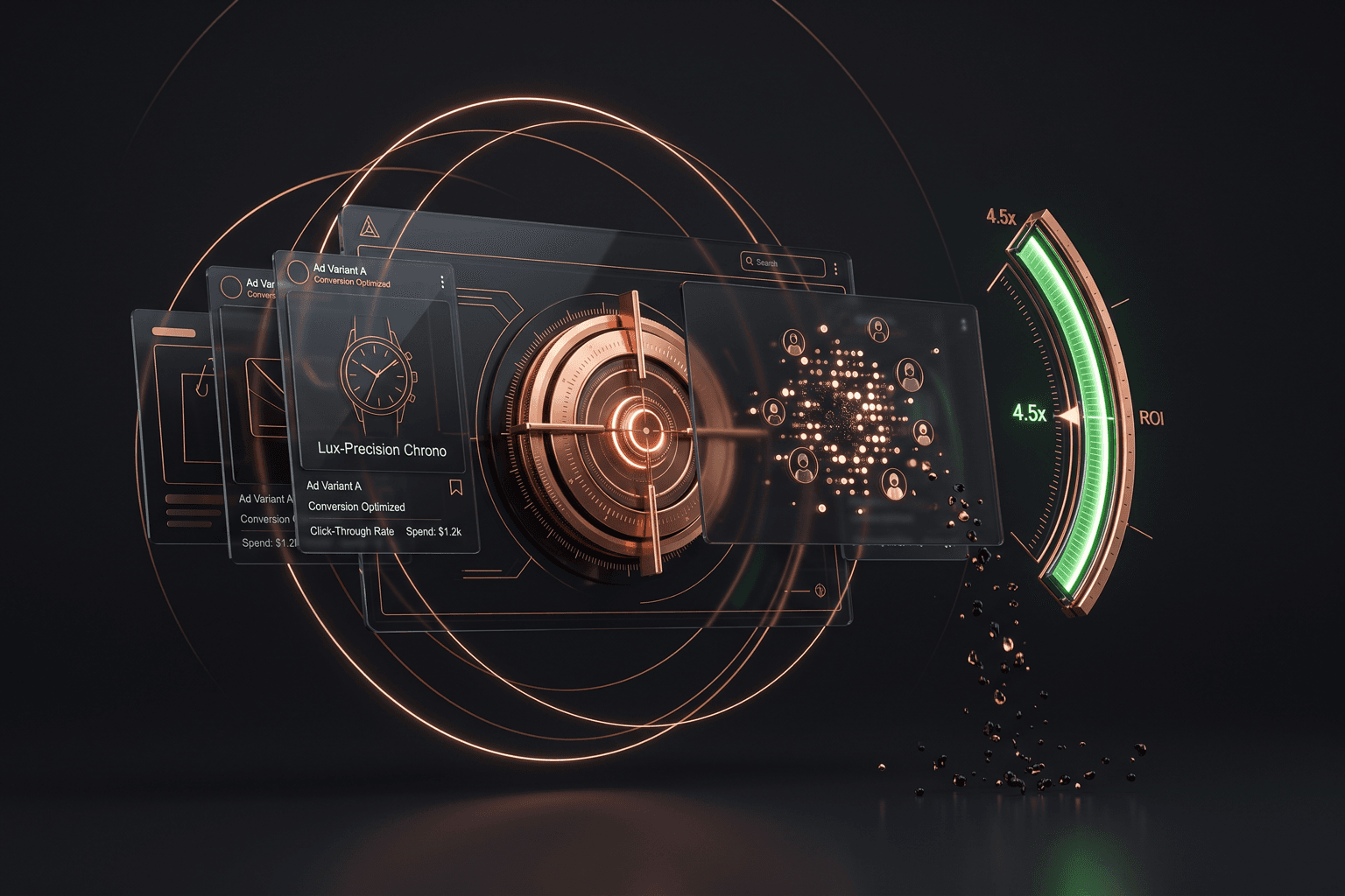 Fort Wayne advertising management — dark copper brand render of PPC campaign targeting and paid media performance for Fort Wayne and Northeast Indiana businesses