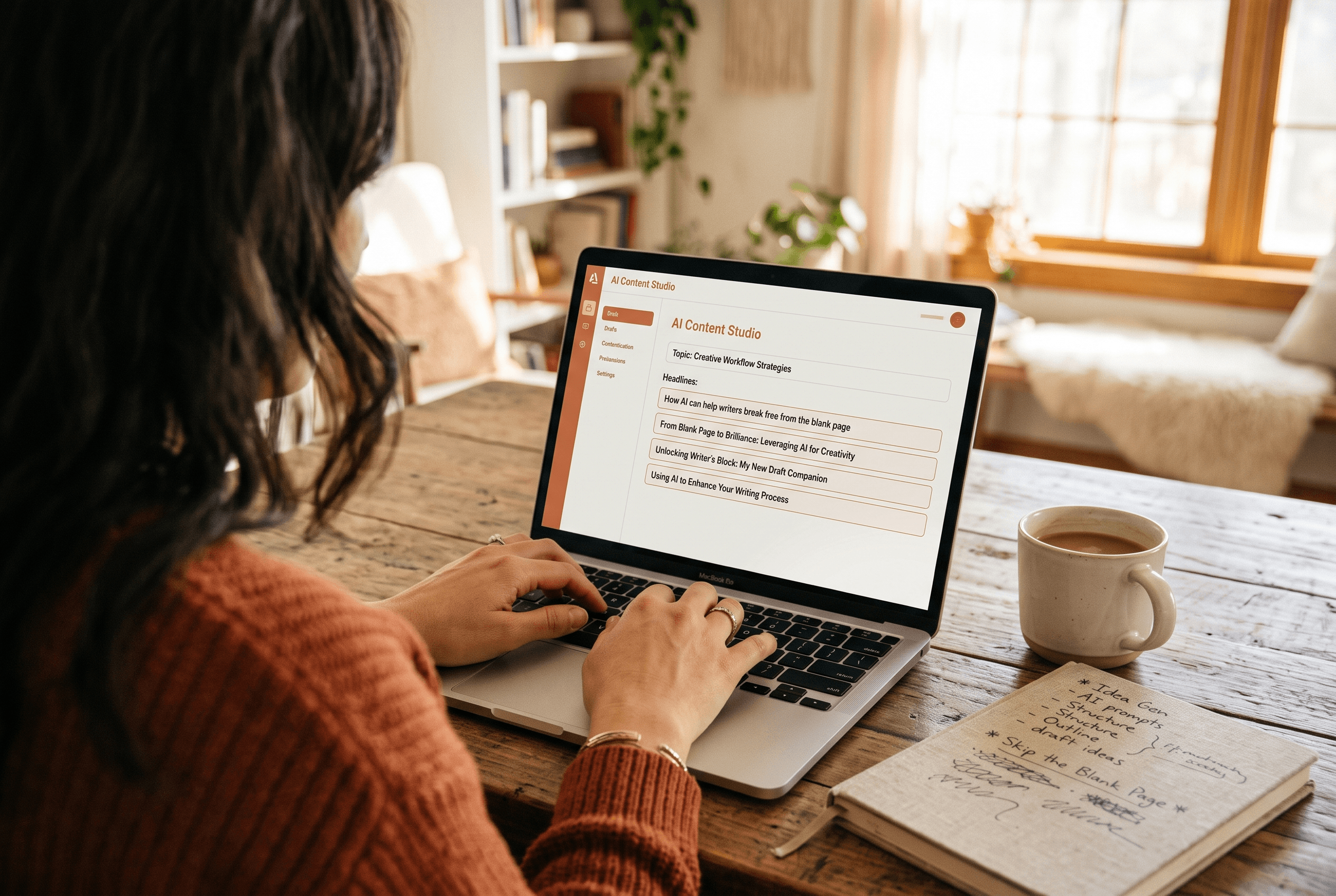 Close view of hands at a laptop showing AI-drafted social captions and headline options in a warm-toned marketing workspace
