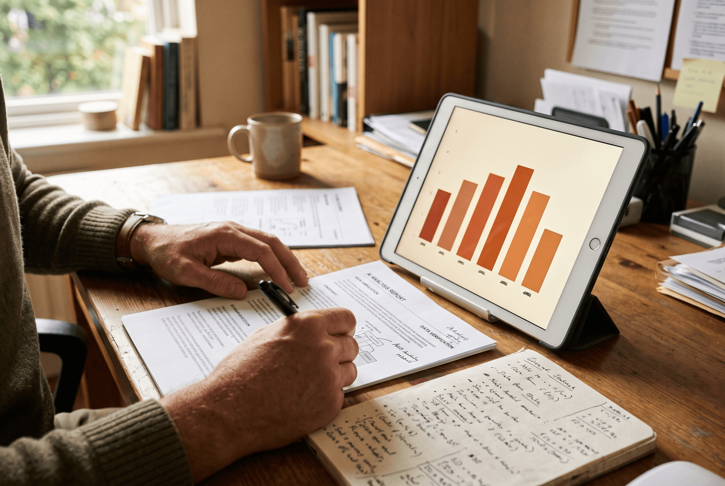 A tablet on a desk shows a simple accuracy chart in warm colors as a marketer fact-checks AI output against notes