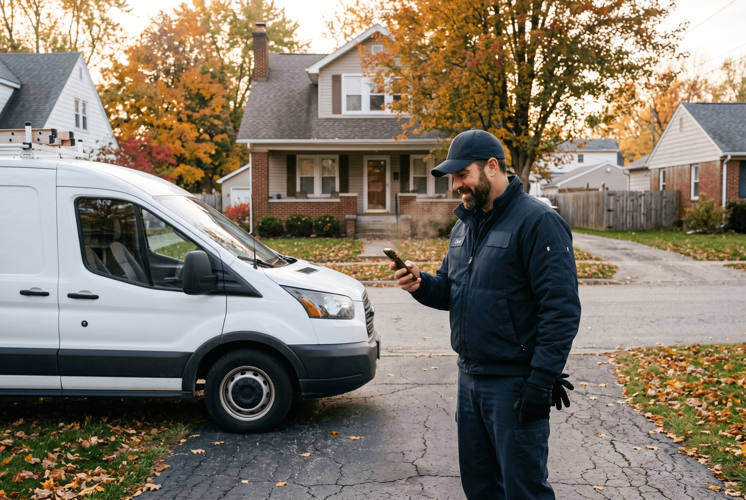 An HVAC service technician checks a phone showing a drafted customer message outside a service van on a crisp Northeast Indiana morning