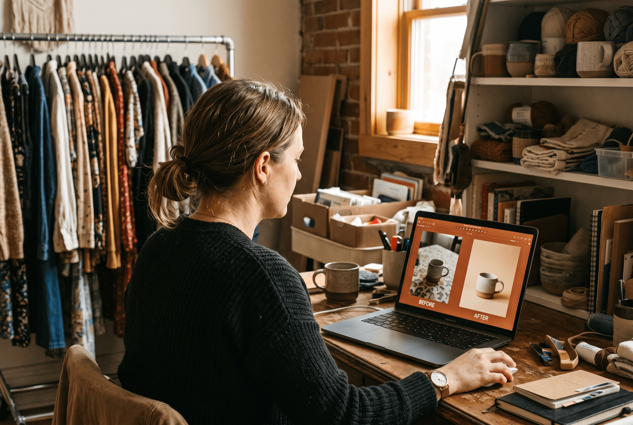 A boutique owner reviews AI-restyled product images on a laptop showing before-and-after studio shots at a modest shop desk