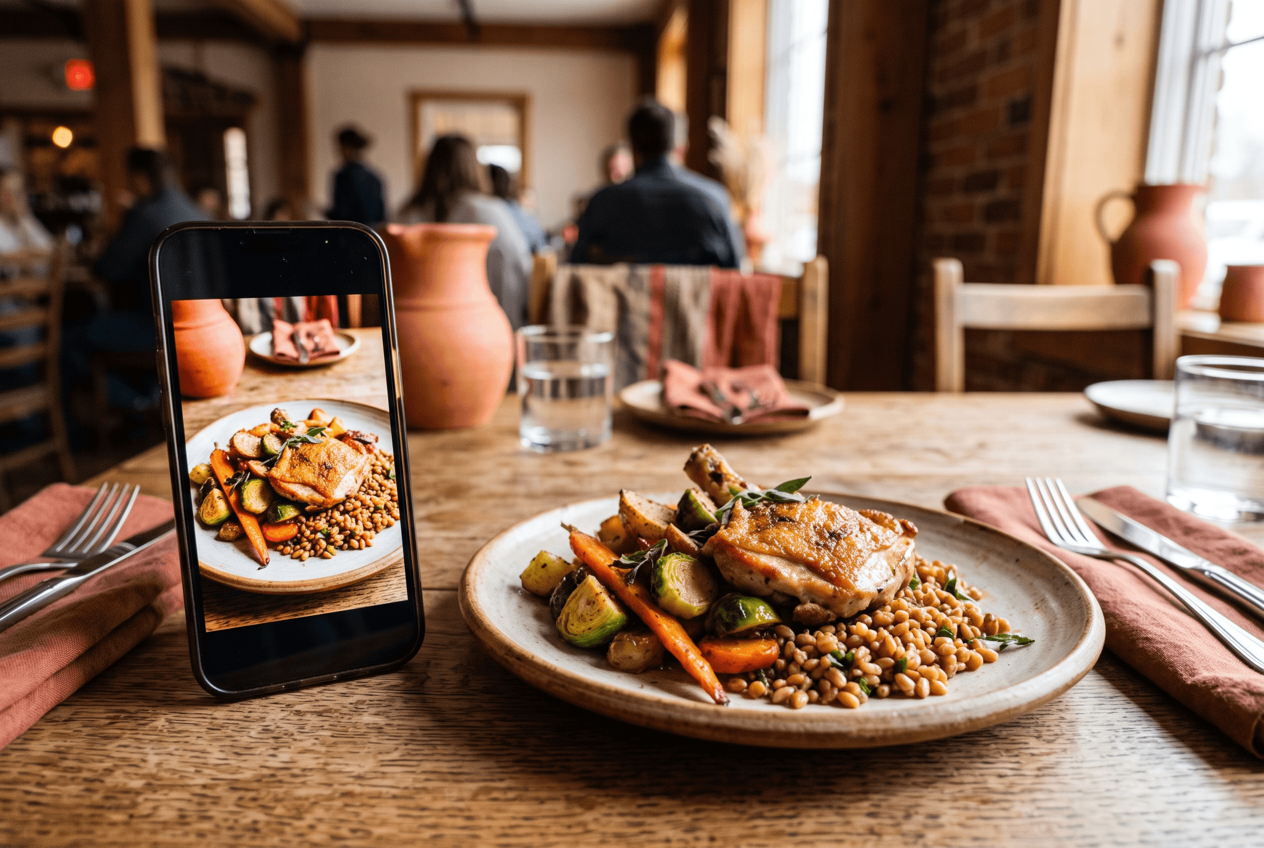 A real plated restaurant dish sits beside a phone showing a stylized version, illustrating honesty in AI food photography