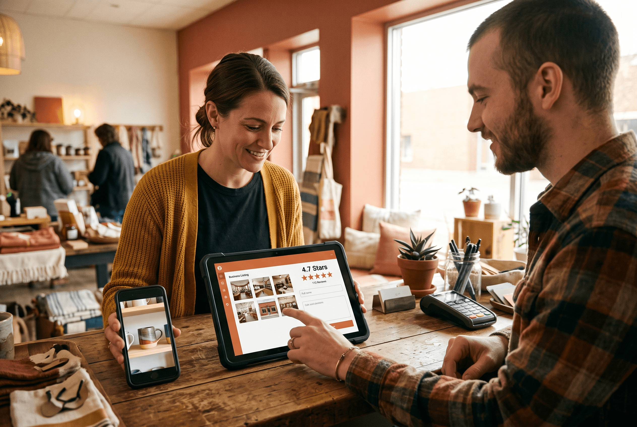 Front-desk staff at a Fort Wayne shop update a Google Business Profile with product photos on a tablet at the counter
