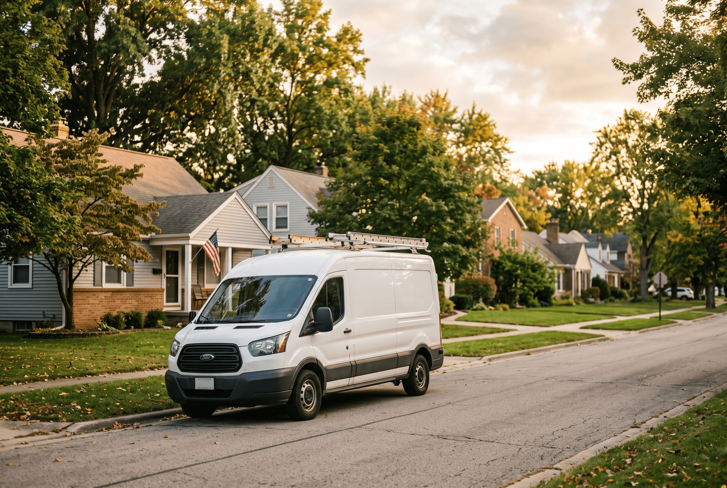 A Fort Wayne home-service van parked in an Allen County neighborhood at dusk, representing local trades competing on free Apple Maps listings