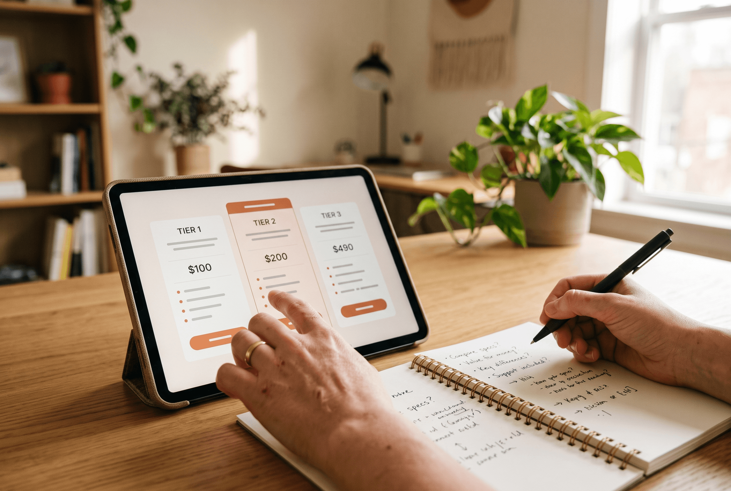 Hands comparing SEO audit pricing tiers on a tablet next to a notebook of questions for a prospective SEO provider